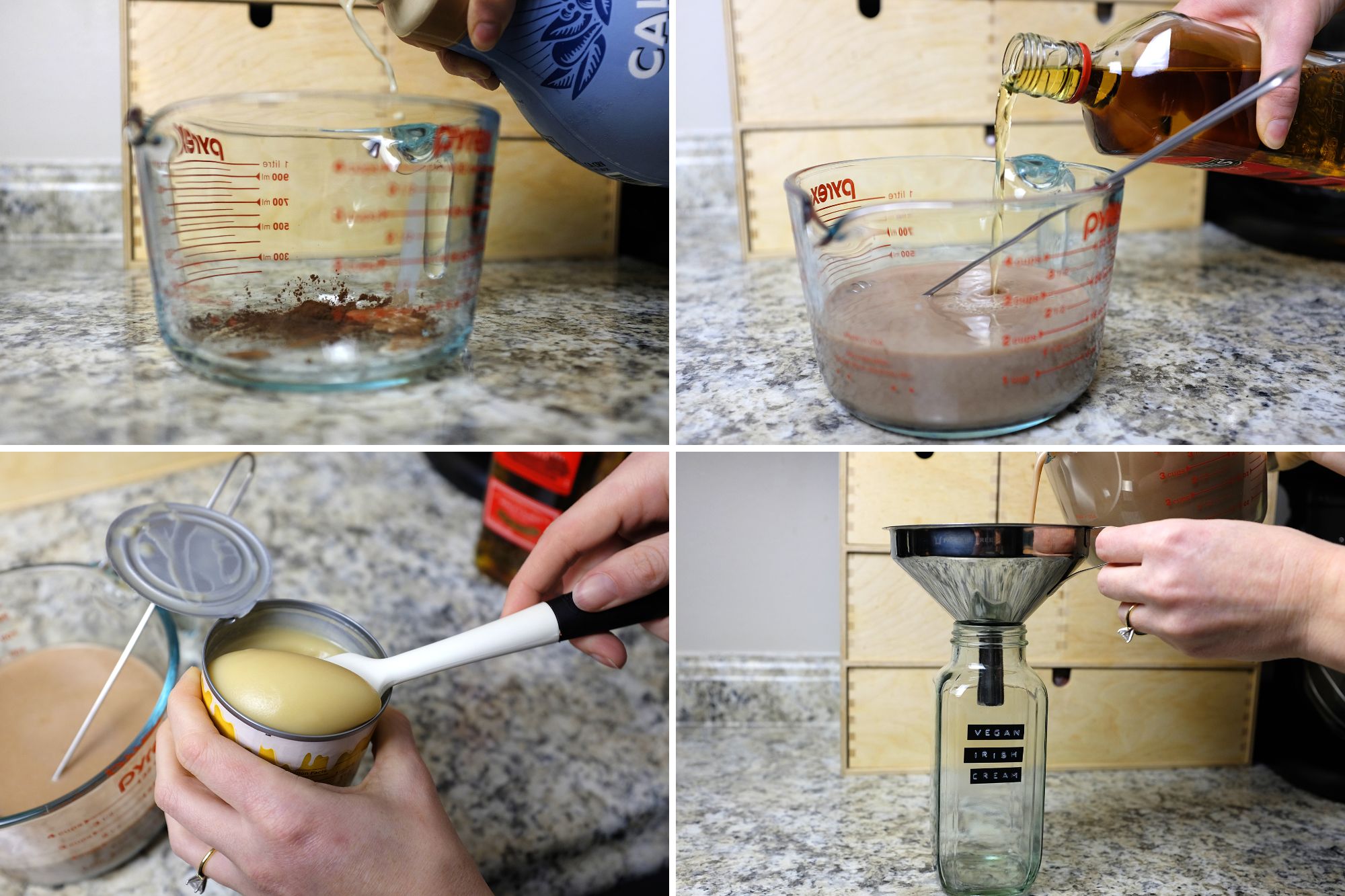 Steps of making Irish Cream: Add milk, then whiskey, then condensed milk, and serve