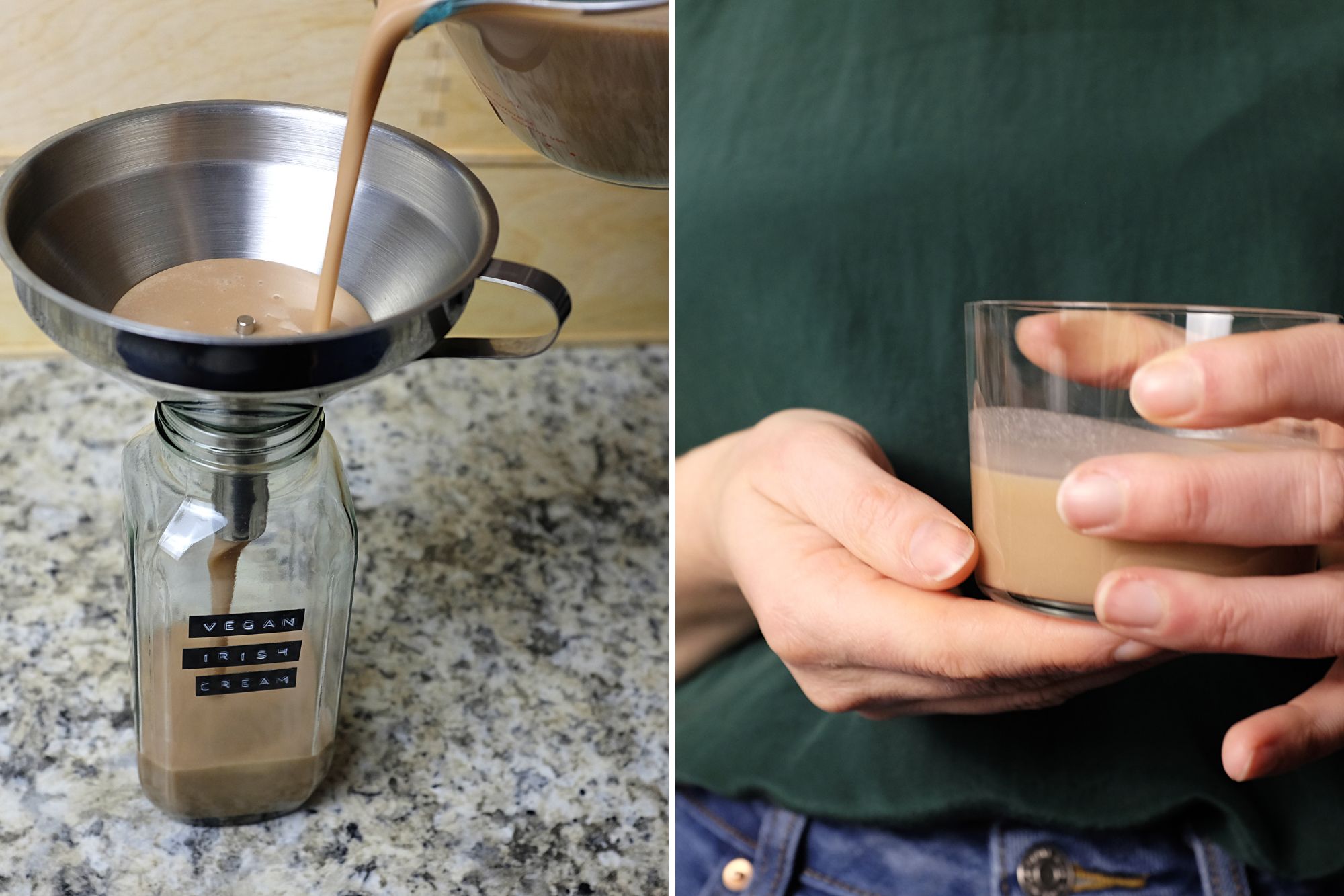 Two images: vegan Irish cream being poured into a funnel, and Alyssa holding a glass of the beverage