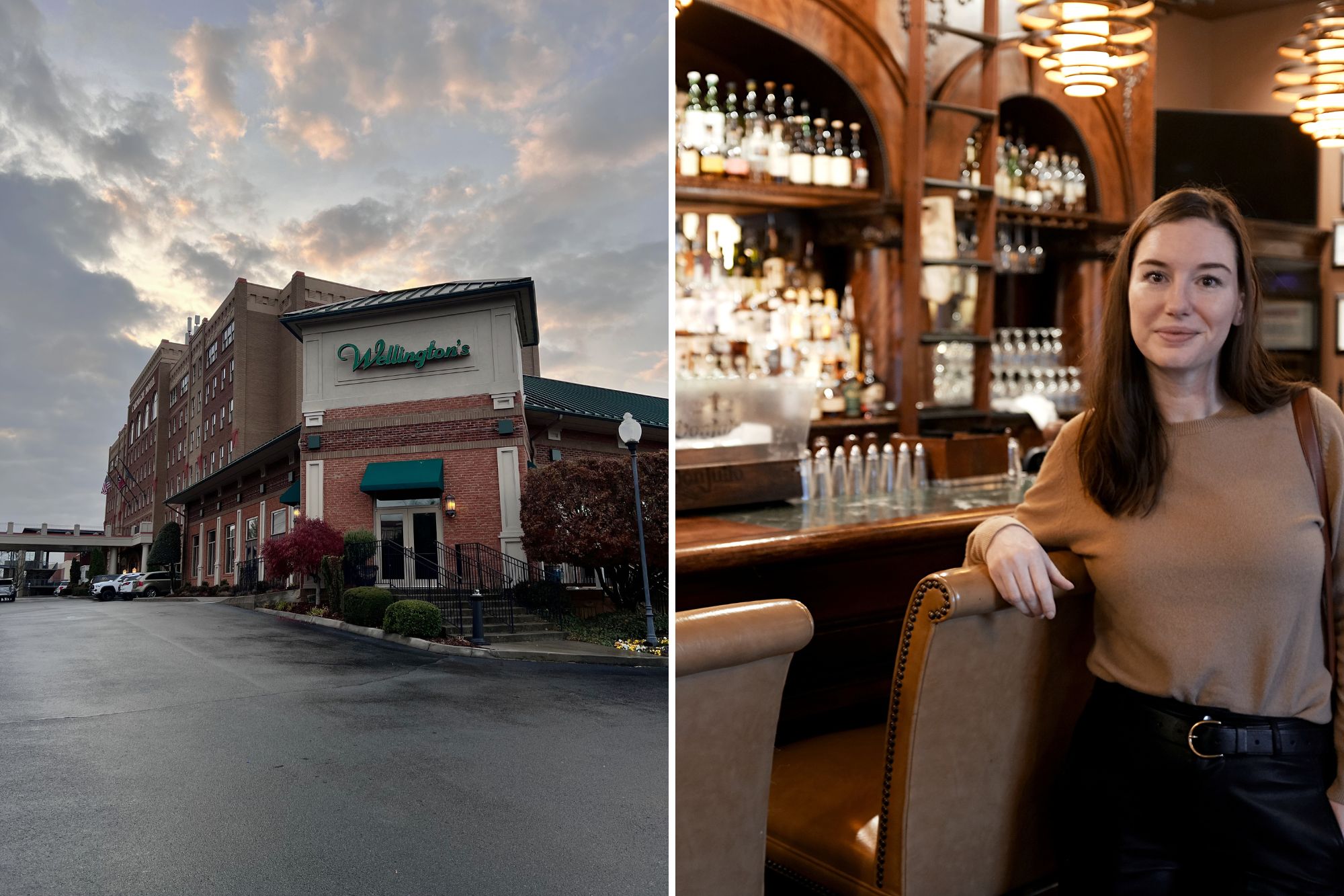 Two images: exterior of Wellington's Restaurant, and Alyssa standing at the bar
