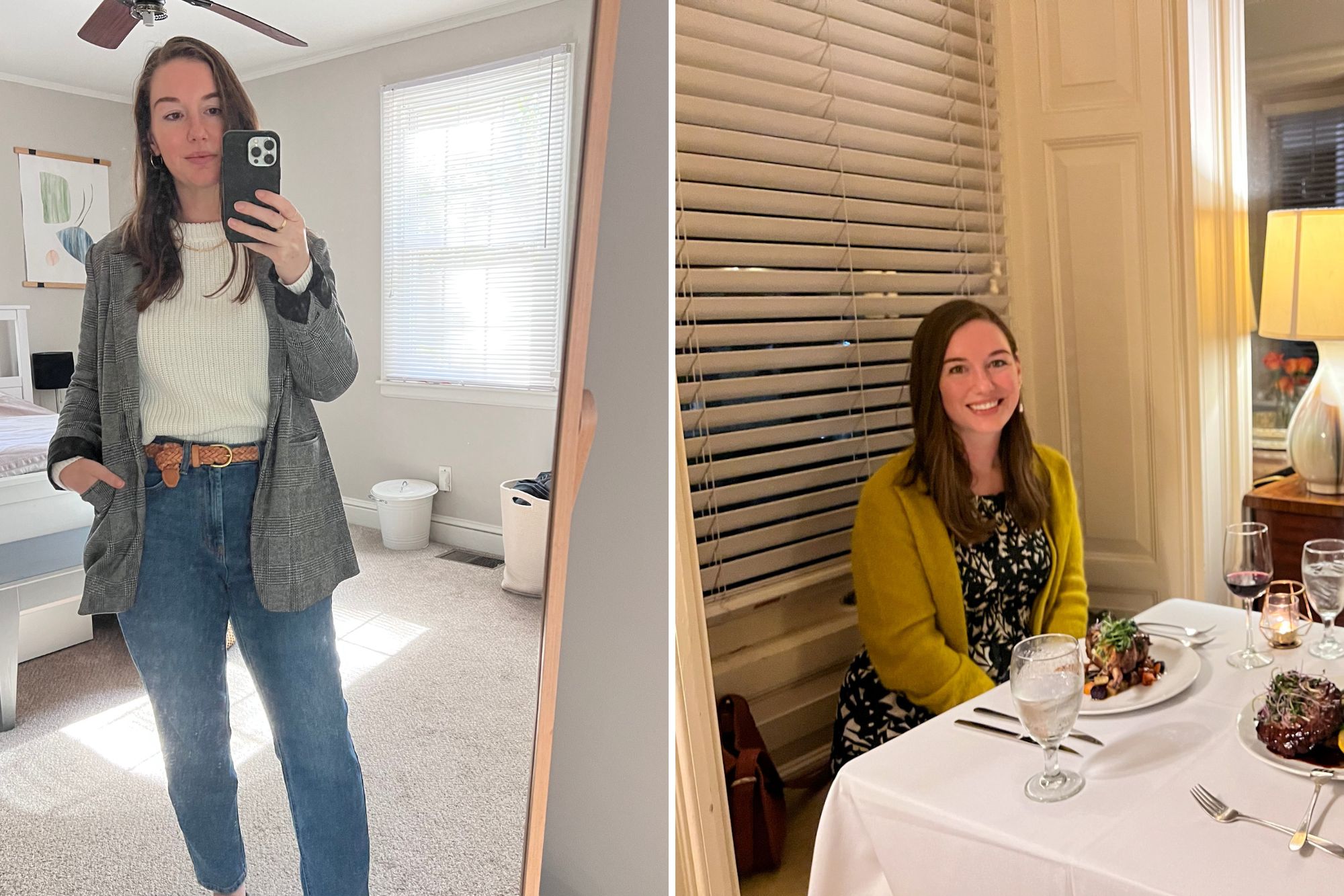 Alyssa wears a blazer, jeans, and white sweater on the left, and on the right she wears a floral dress and green cardigan