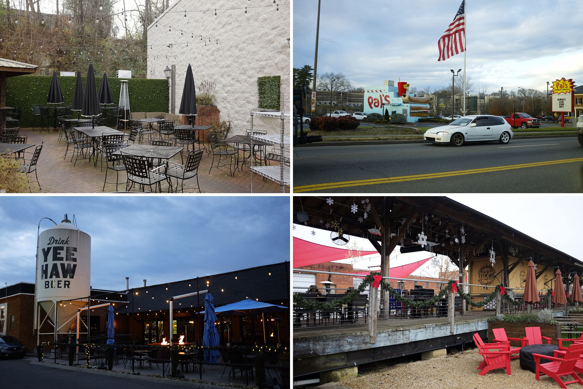 Collage of places in Johnson City: Gourmet and Company patio, Pal's Sudden Service, BURG'r & BARREL, and Yee Haw Brewing