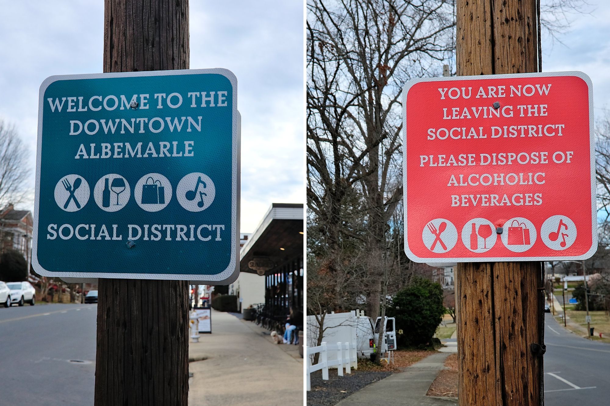 Two signs indicating whether you are in the city's social district