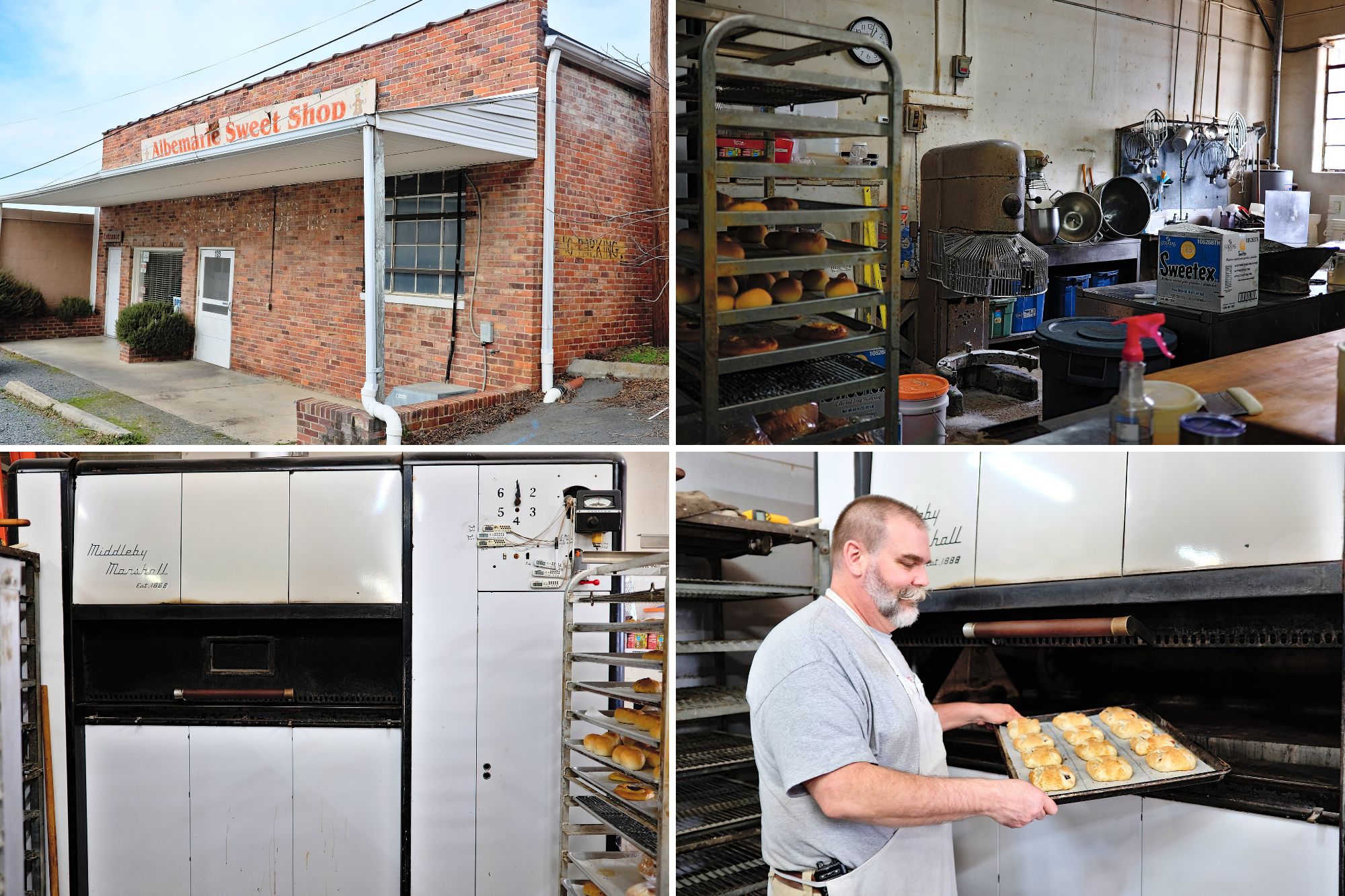 Collage of images of Albemarle Sweet Shop showing the exterior and the kitchen