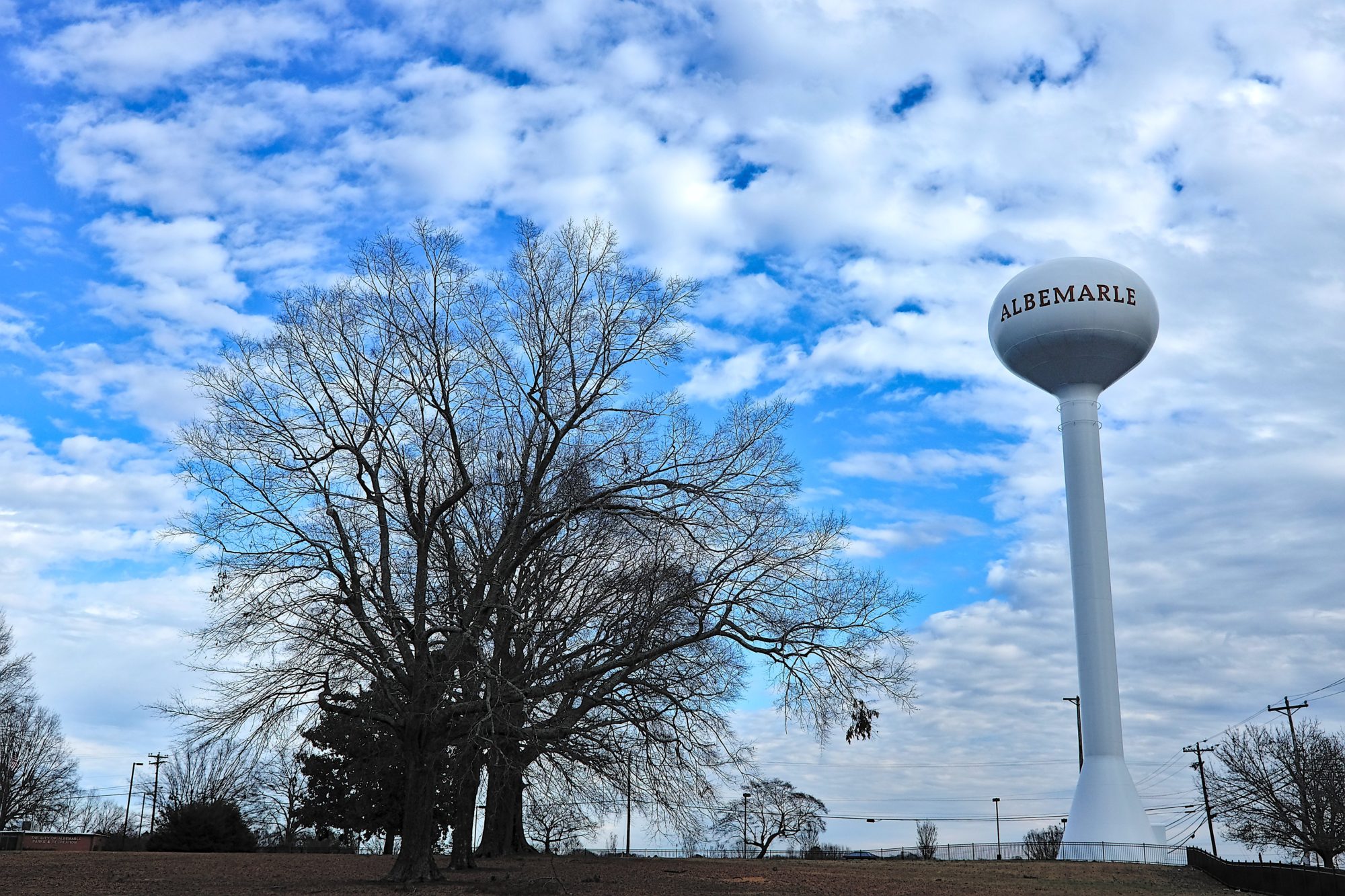 the Albemarle Water Tower stands tall and reads "Albemarle"