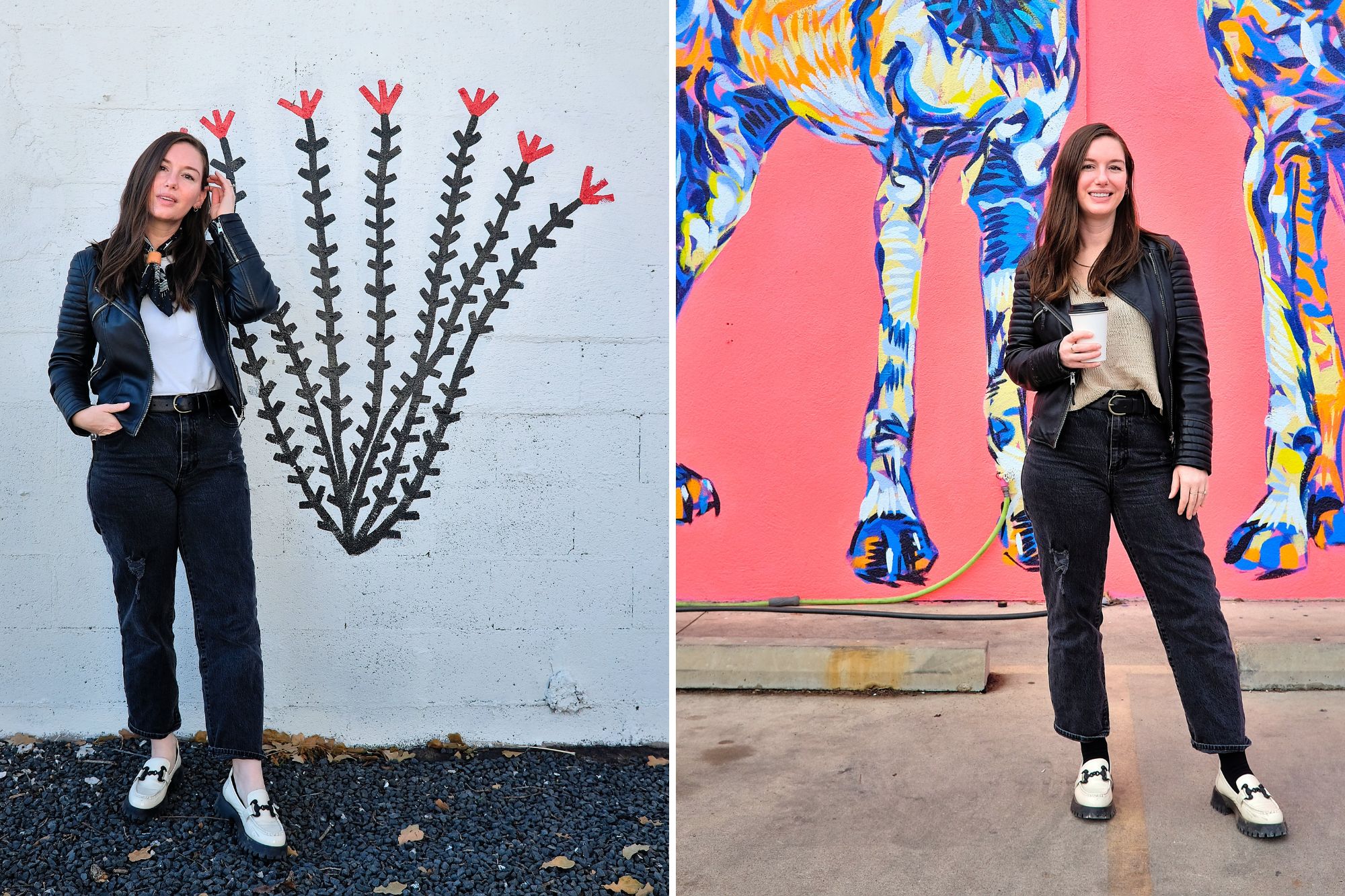 Two images of Alyssa in front of Austin murals