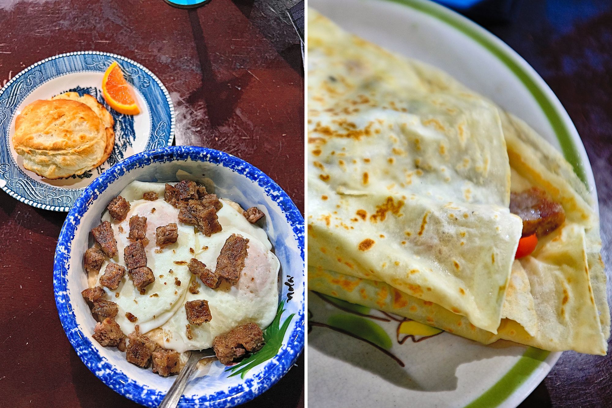 left, grits bowl and biscuit | right, a crepe with steak peeking out