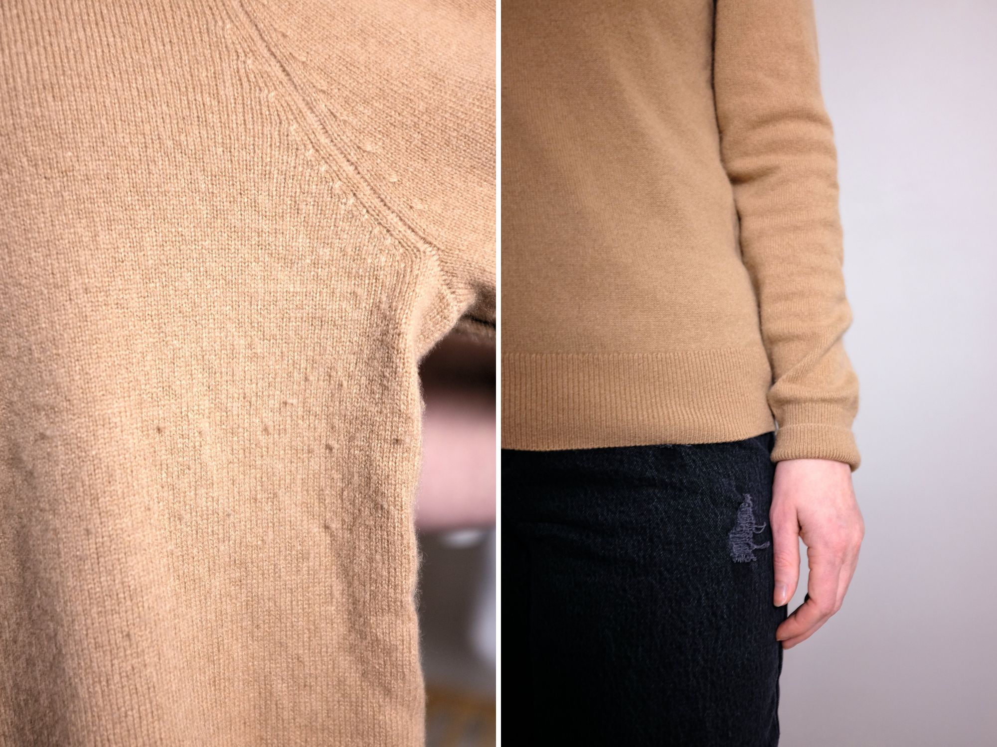 Alyssa shows pilling on the cashmere sweater, and the untucked length