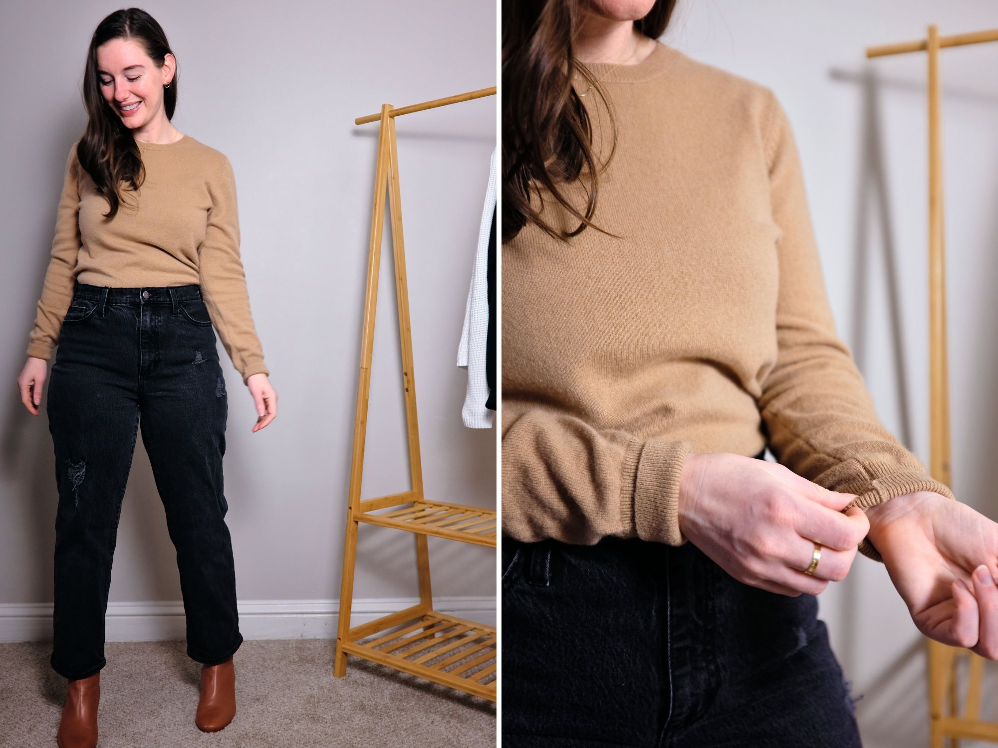 Alyssa wears the $50 cashmere sweater from Quince with jeans and boots