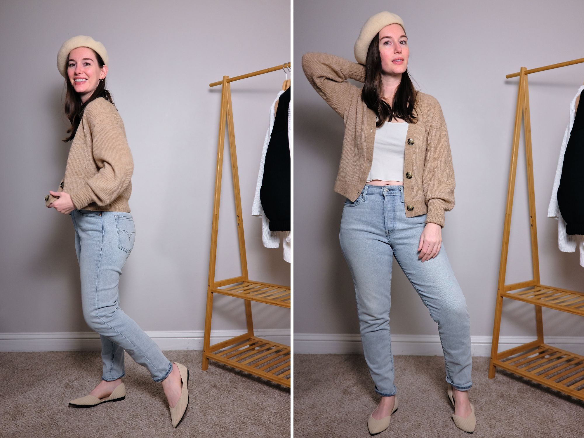 Alyssa pairs Quince's Alpaca Cardigan with jeans, a tank, and a beret
