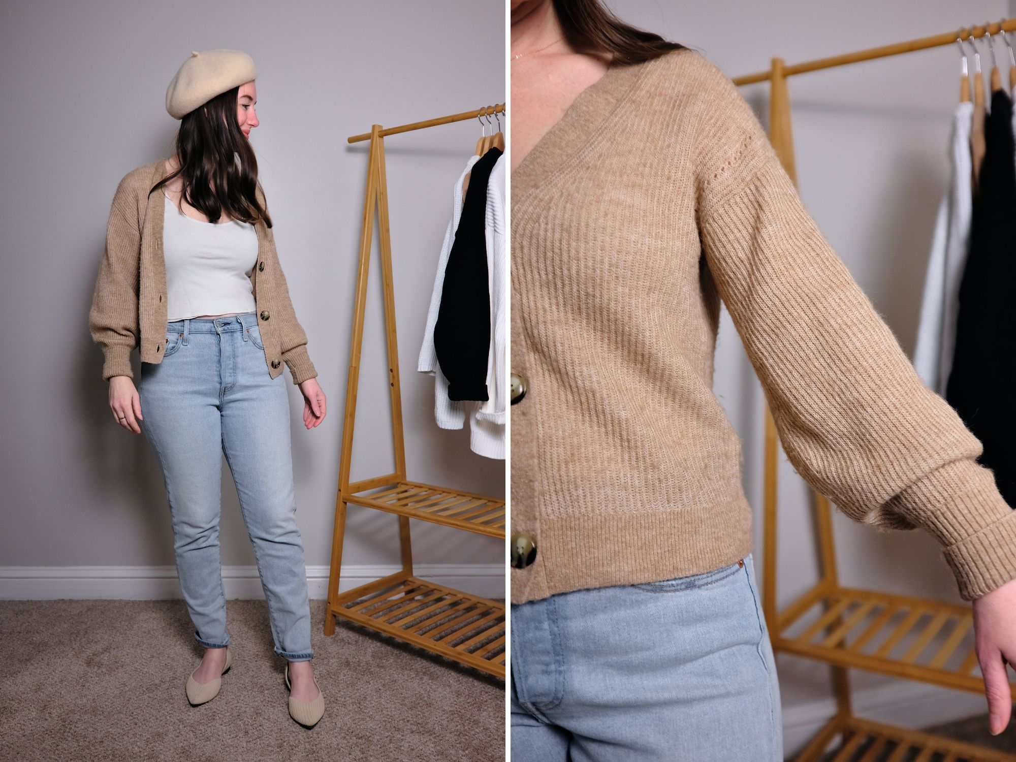 Alyssa holds out an arm to show the balloon sleeve on Quince's Baby Alpaca-Wool Cropped Cardigan
