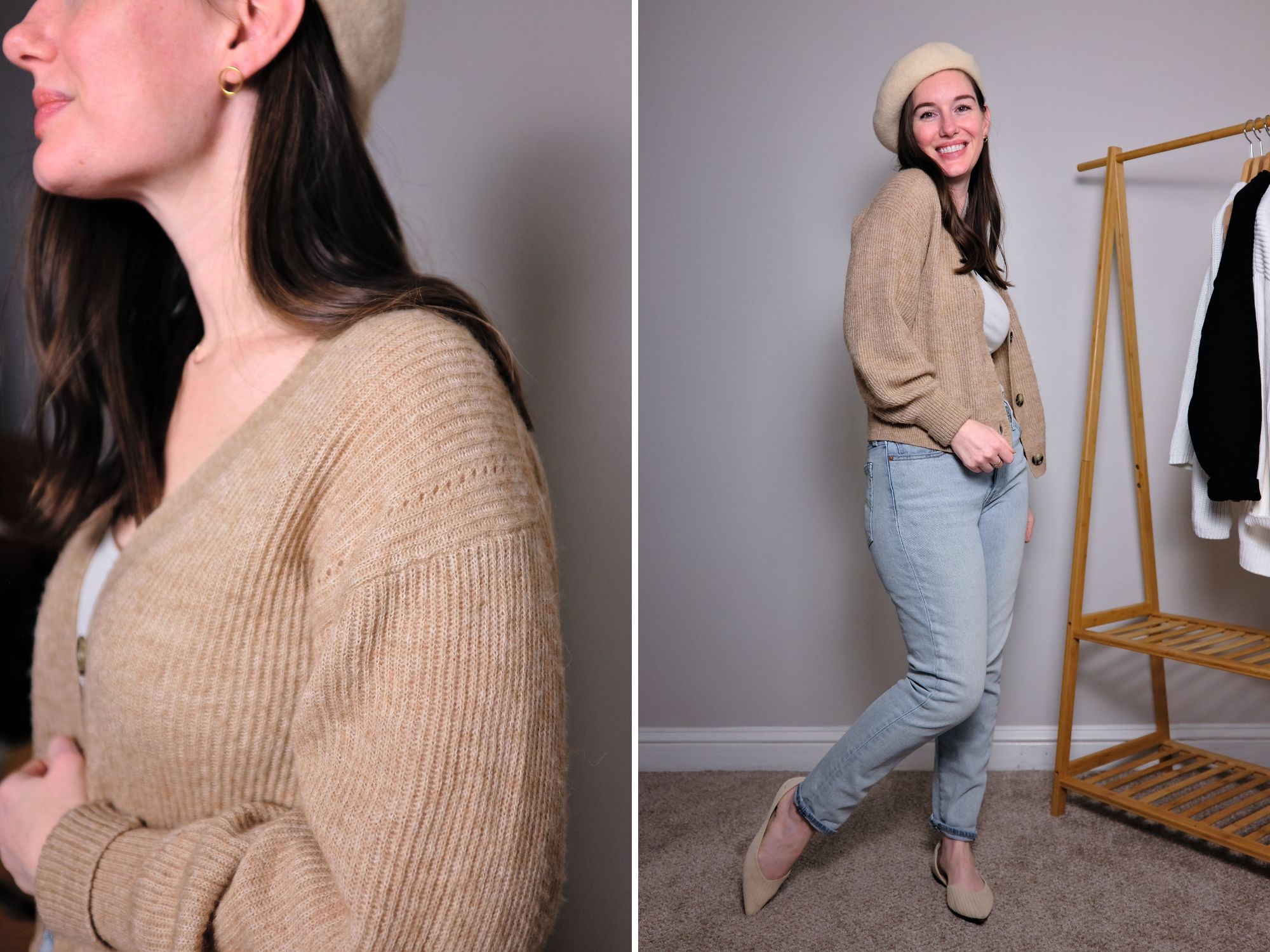 Alyssa wears Quince's Baby Alpaca-Wool Cropped Cardigan in a close-up shot
