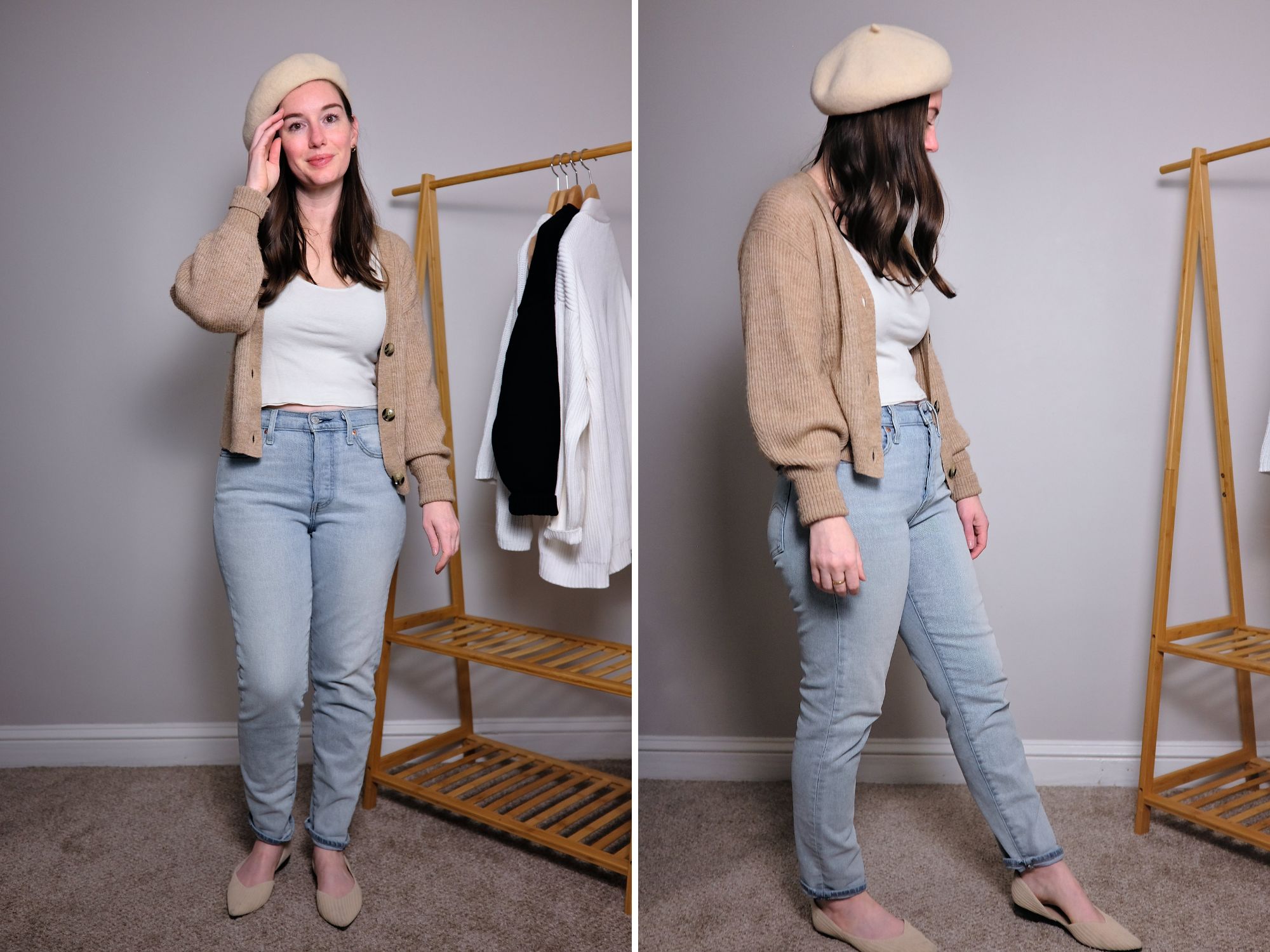 Alyssa wears the Baby Alpaca-Wool Cropped Cardigan from Quince in two photos 