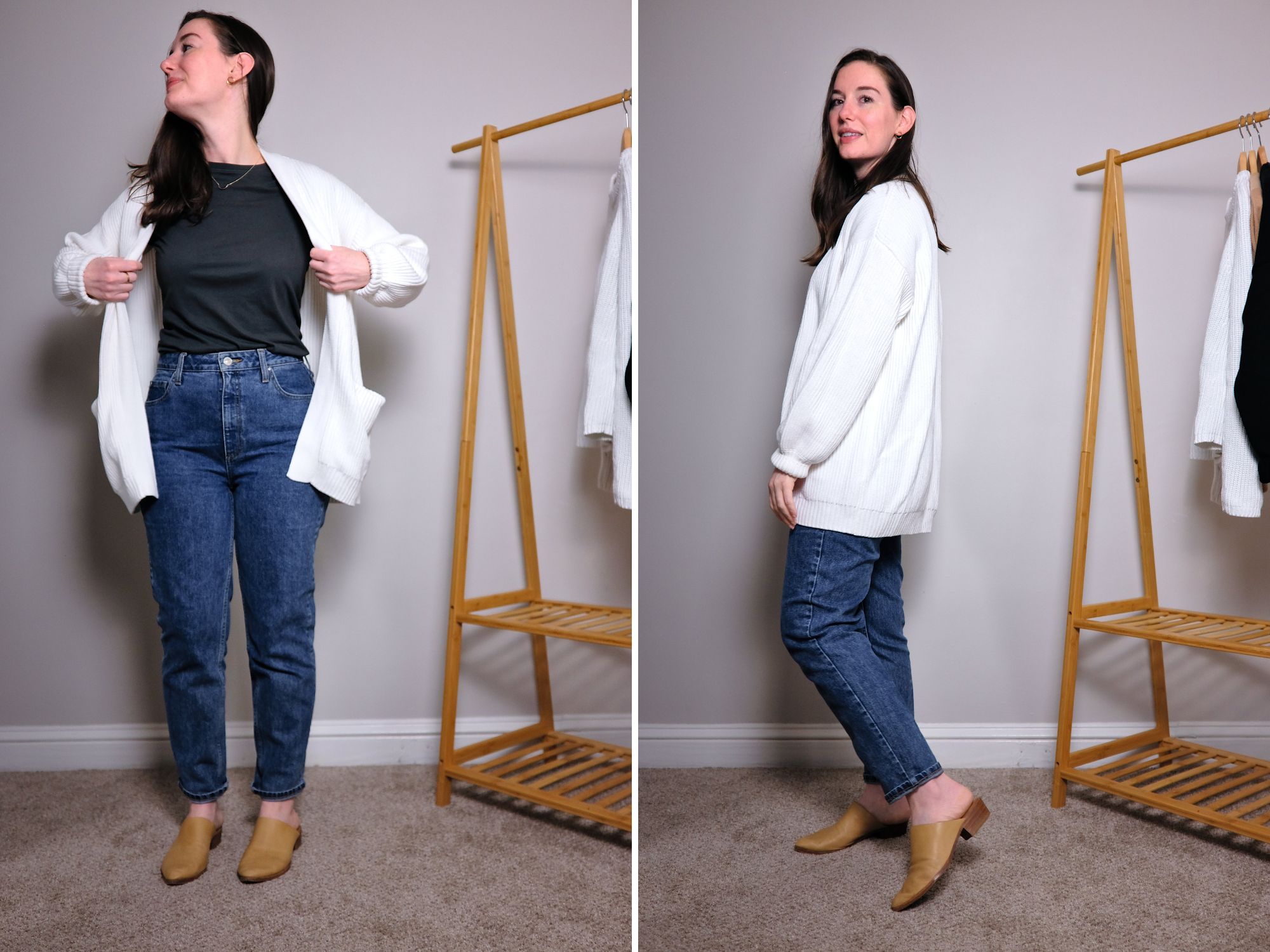 Alyssa wears the 100% Organic Cotton Oversized Cardigan from Quince; one photo she is facing the camera, and the other shows her turned to the side