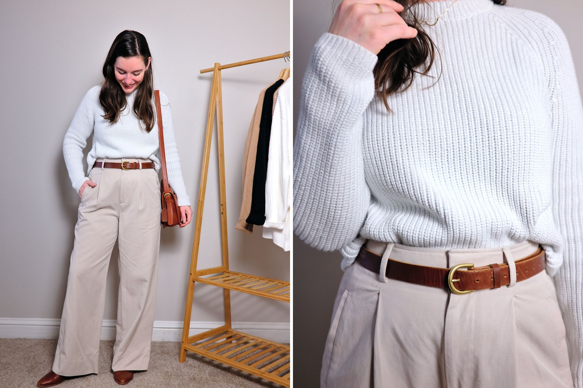 Alyssa wears the Fisherman Sweater from Quince in two images; one shows a close-up of the fabric