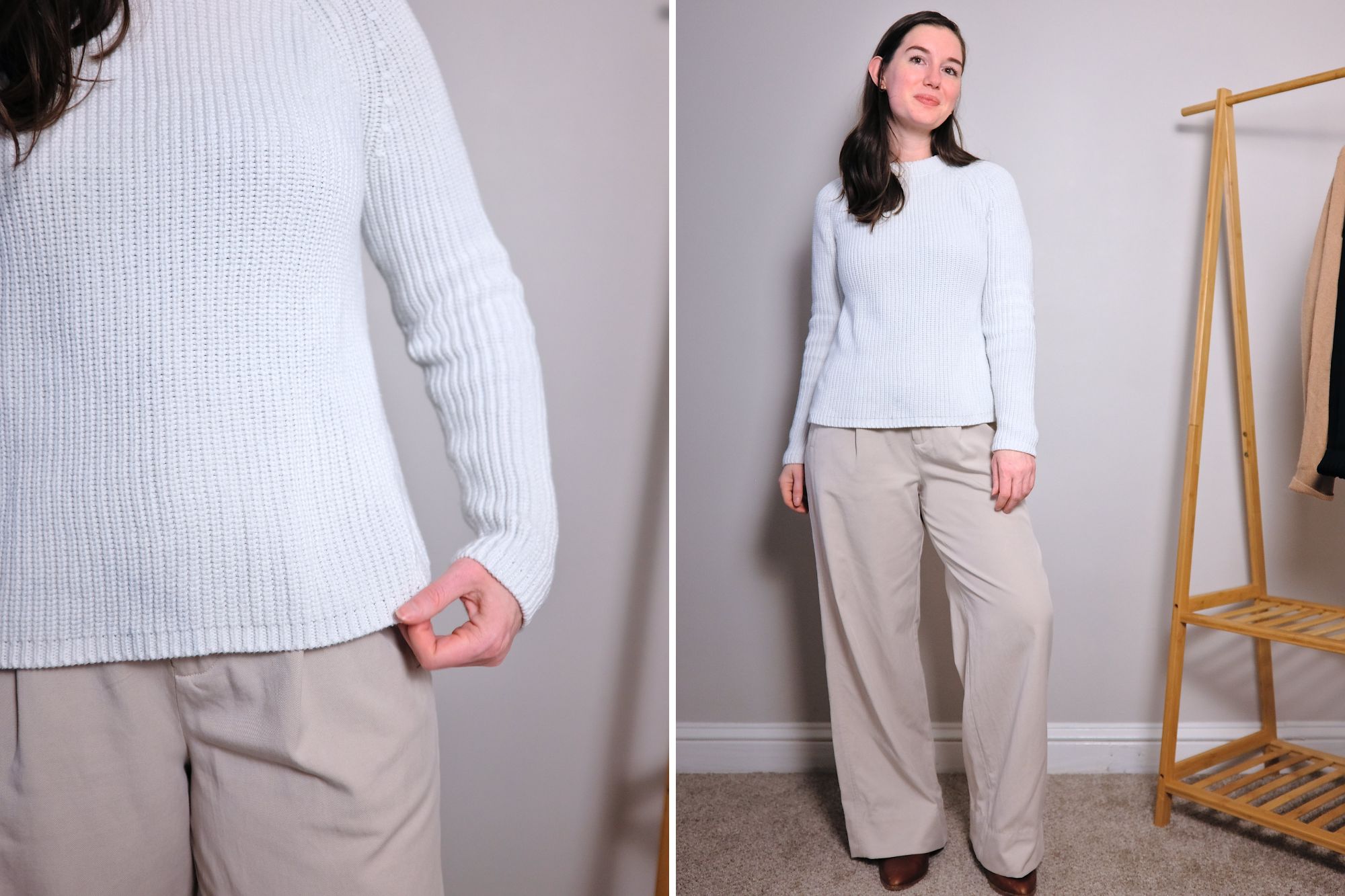 Alyssa shows the length of the sweater untucked; it hits on the mid-to-low hip