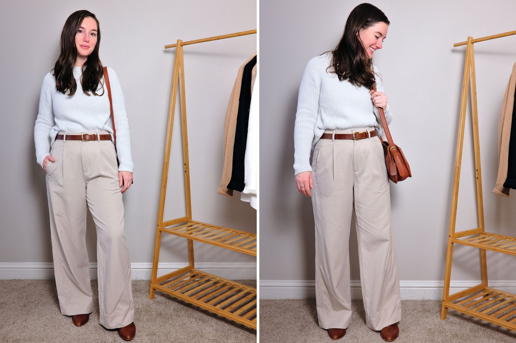 Alyssa wears the cotton Fisherman Sweater from Quince with tan trousers and brown accessories