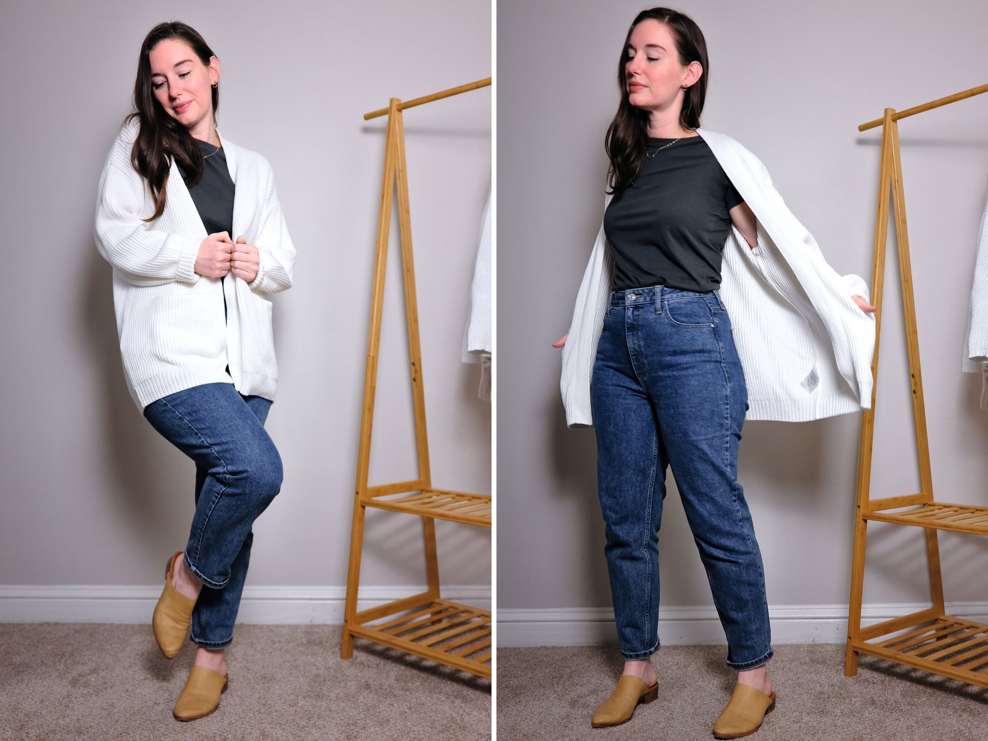 Alyssa wears Quince's Organic Cotton Oversized Cardigan with a green shirt and blue jeans