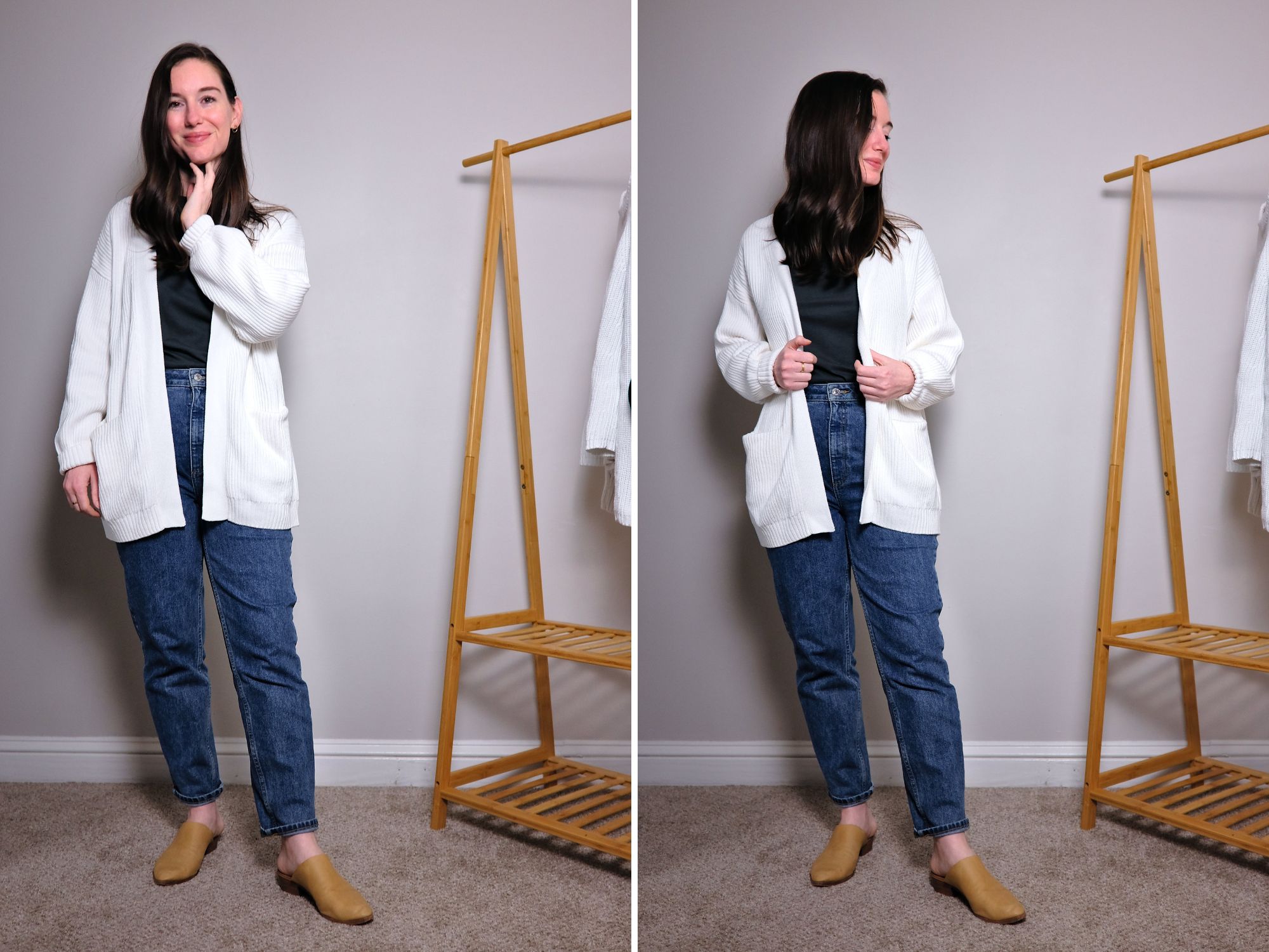 Alyssa wears the 100% Organic Cotton Oversized Cardigan in two photos