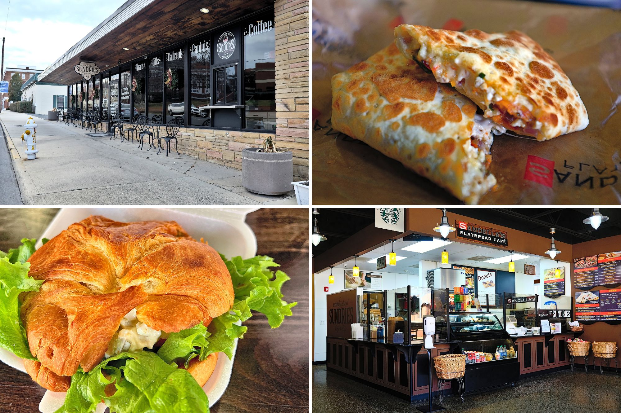 Collage of images of the interior and exterior of Second Street Sundries, as well as two menu items (a chicken salad sandwich and a wrap)