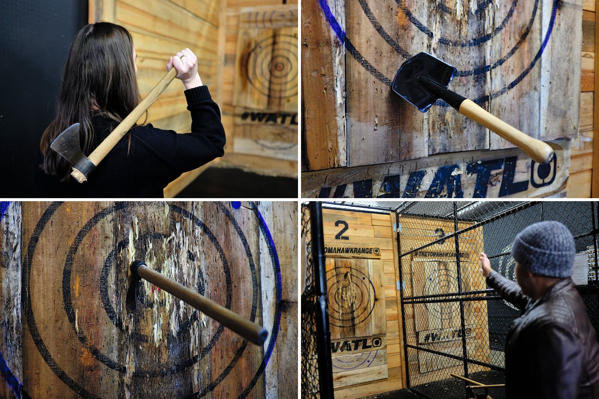 Collage of Alyssa and Michael throwing axes and shovels at The Tomahawk Throwing Range & Blade Shop