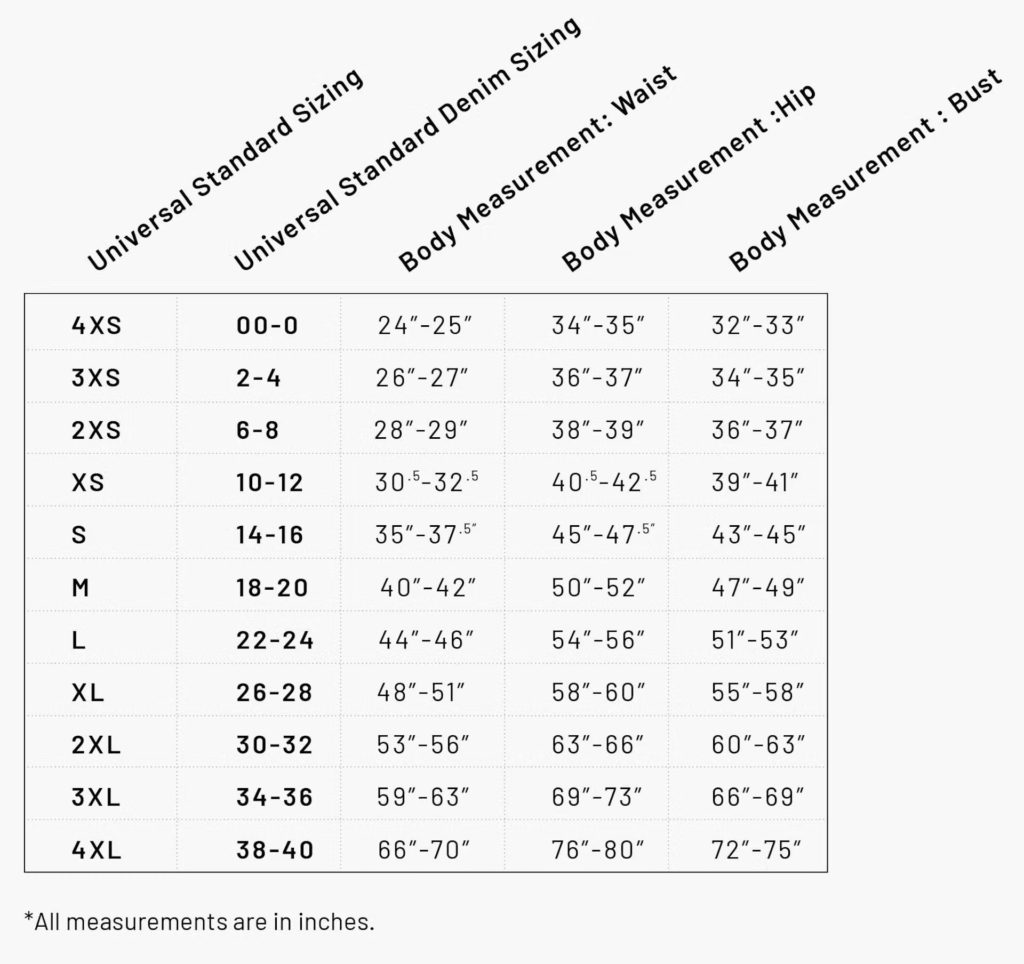 An image of Universal Standard's Size Chart, sourced from the brand's website in 2023