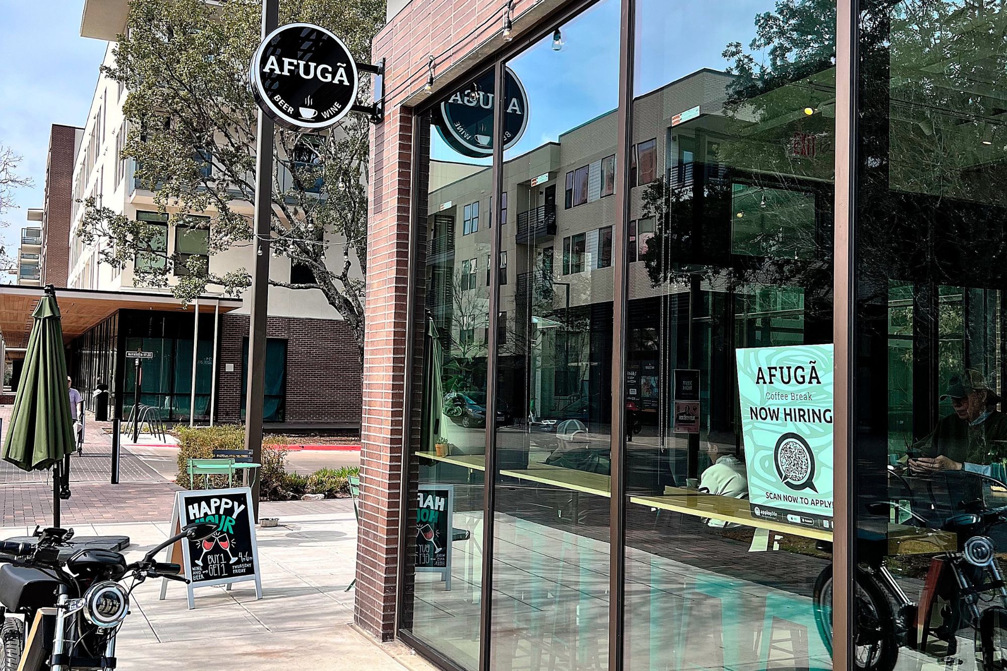 Exterior of Afuga Coffee with a sign that reads Afuga 