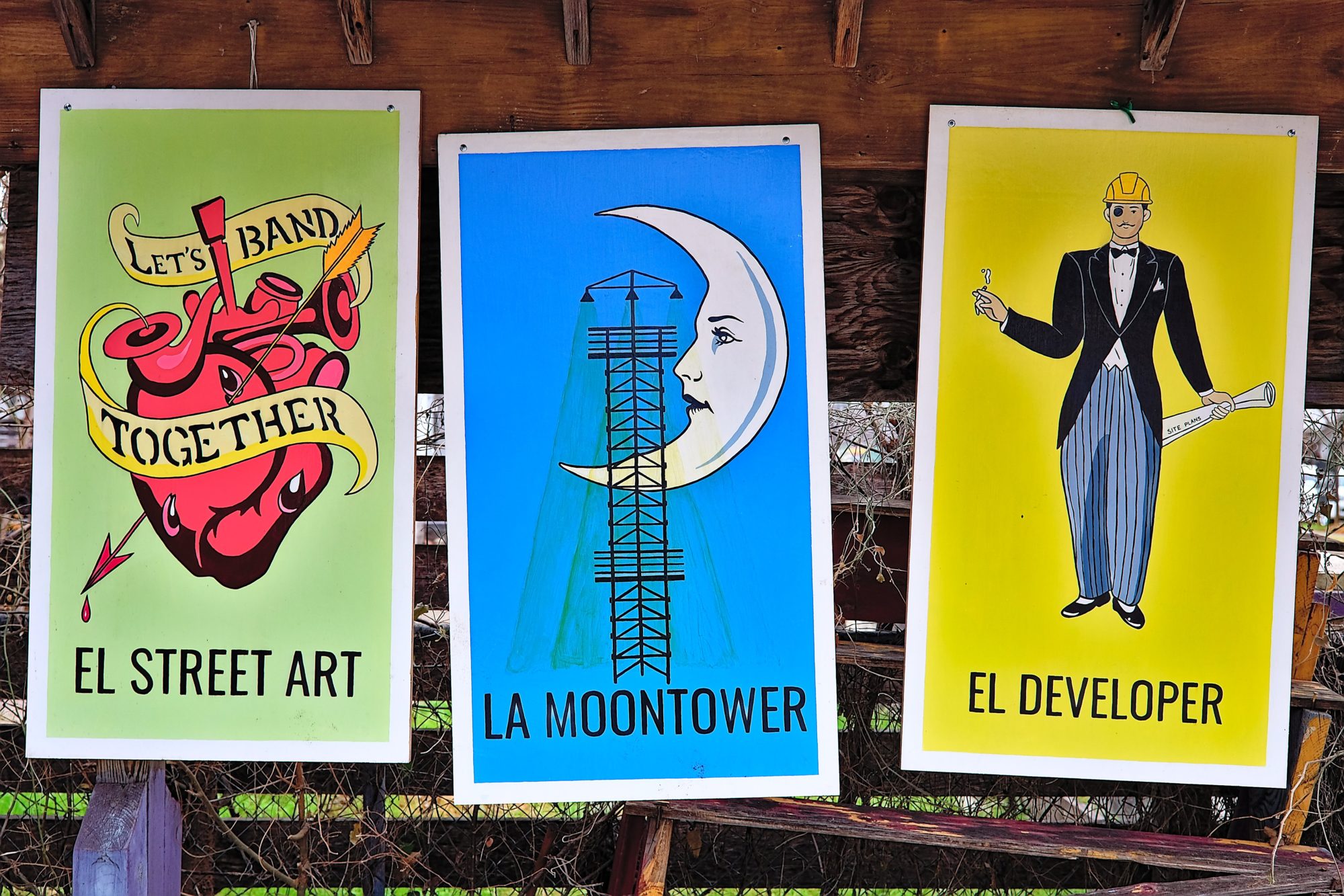 Loteria cards with gentrification images in Austin