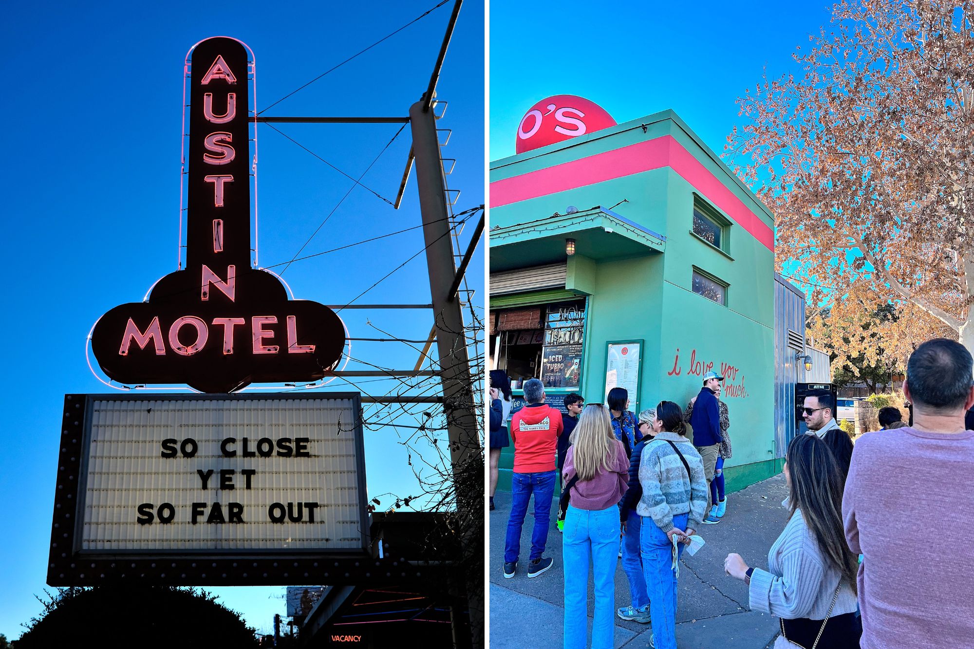 Two images: Austin Motel logo and I love you so much mural