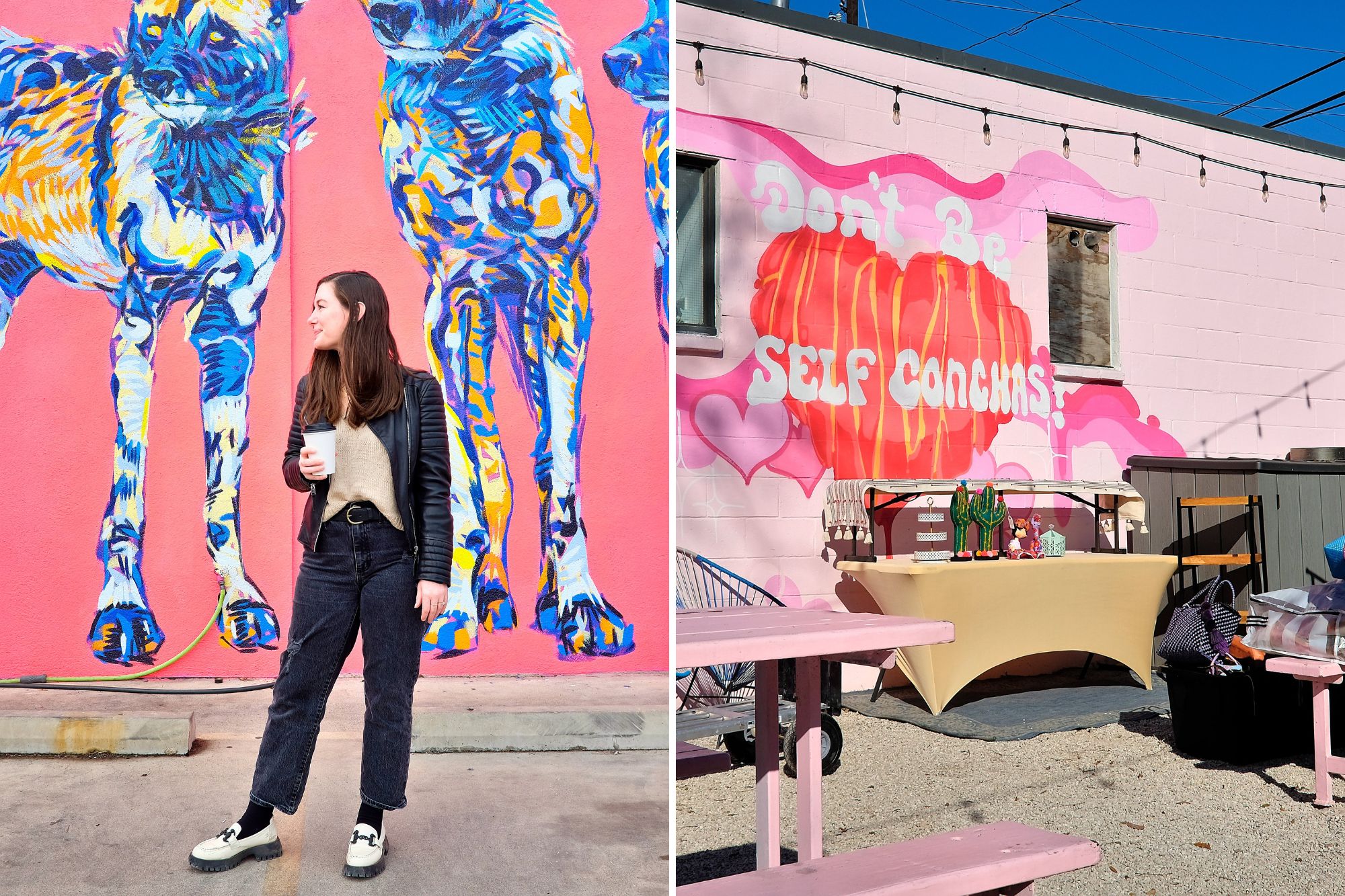 Two images: Alyssa in front of a mural with xolo dogs, and a mural that reads "don't be self conchas"