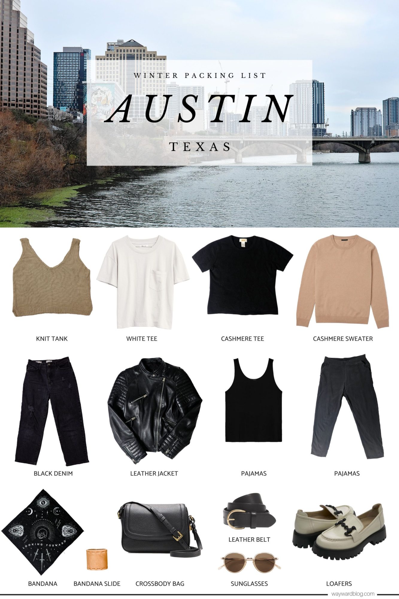Collage of all clothing in the packing list for Austin, Texas