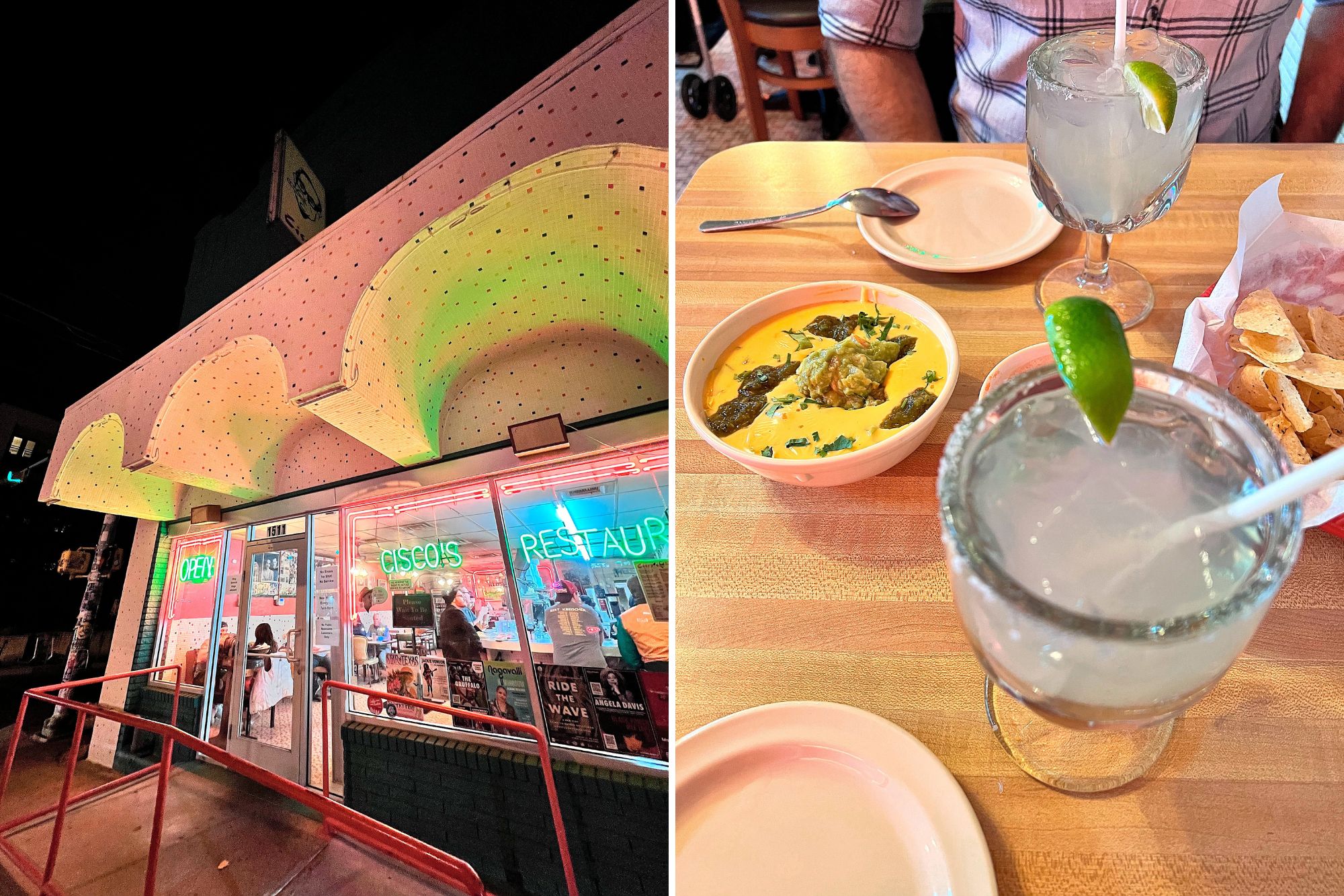 Exterior of Cisco's, and a margarita with queso