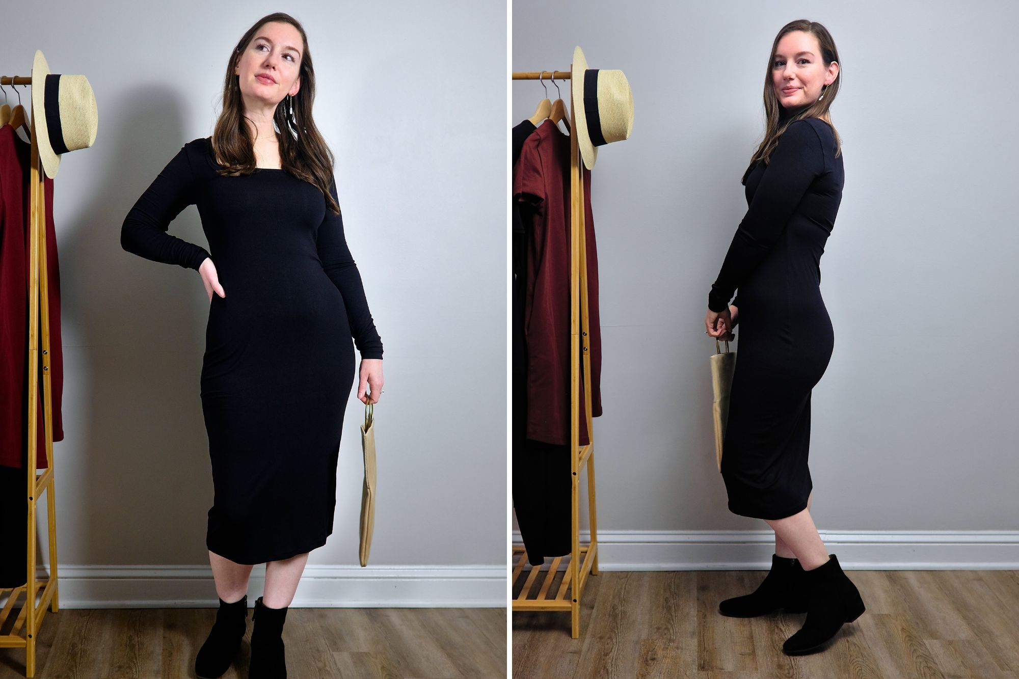 Alyssa wears the Foundation Long Sleeve Square Neck Dress with black boots and a tan purse in two photos