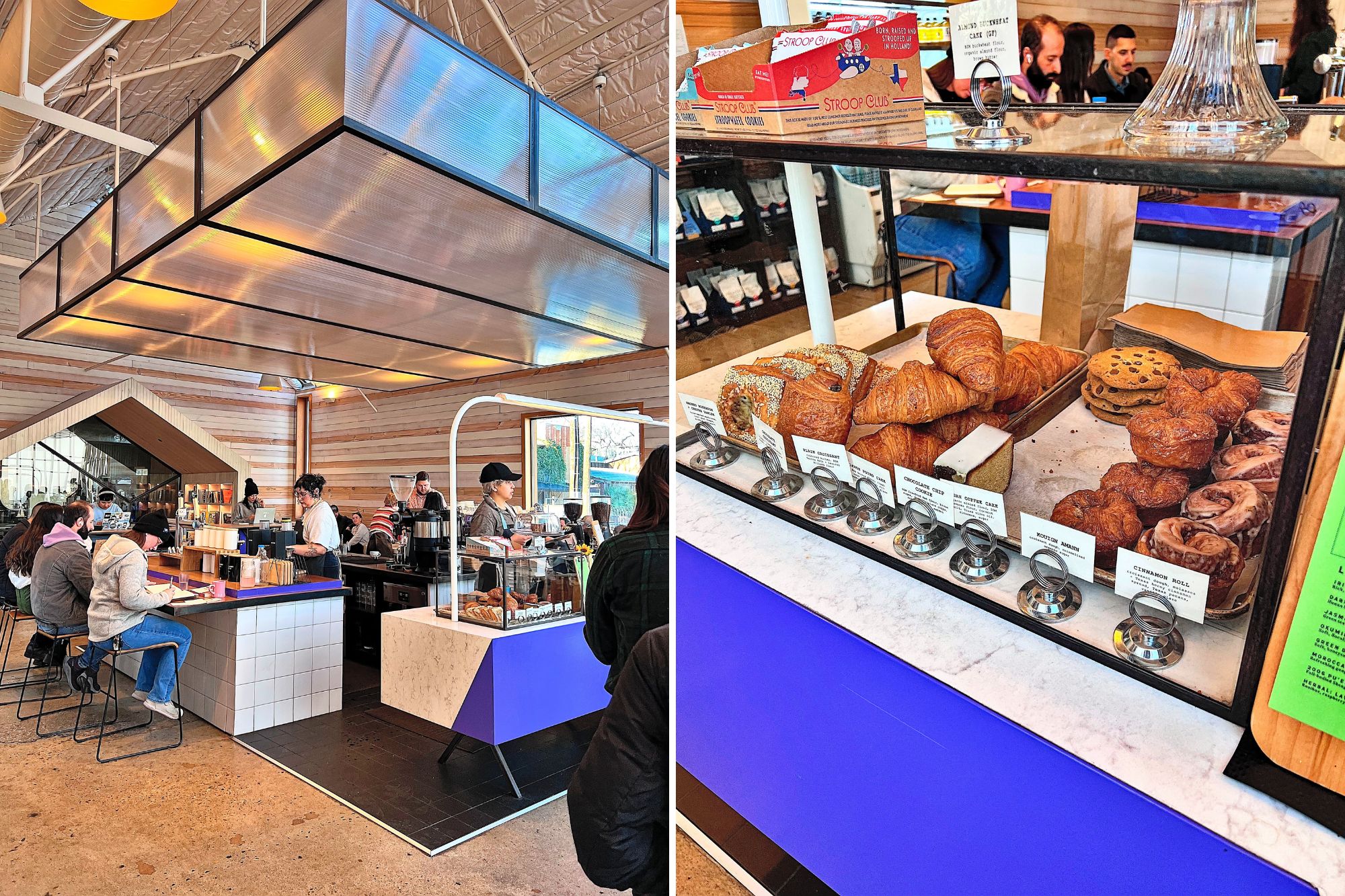 Interior of Greater Goods Coffee, and the pastry case at Greater Goods Coffee