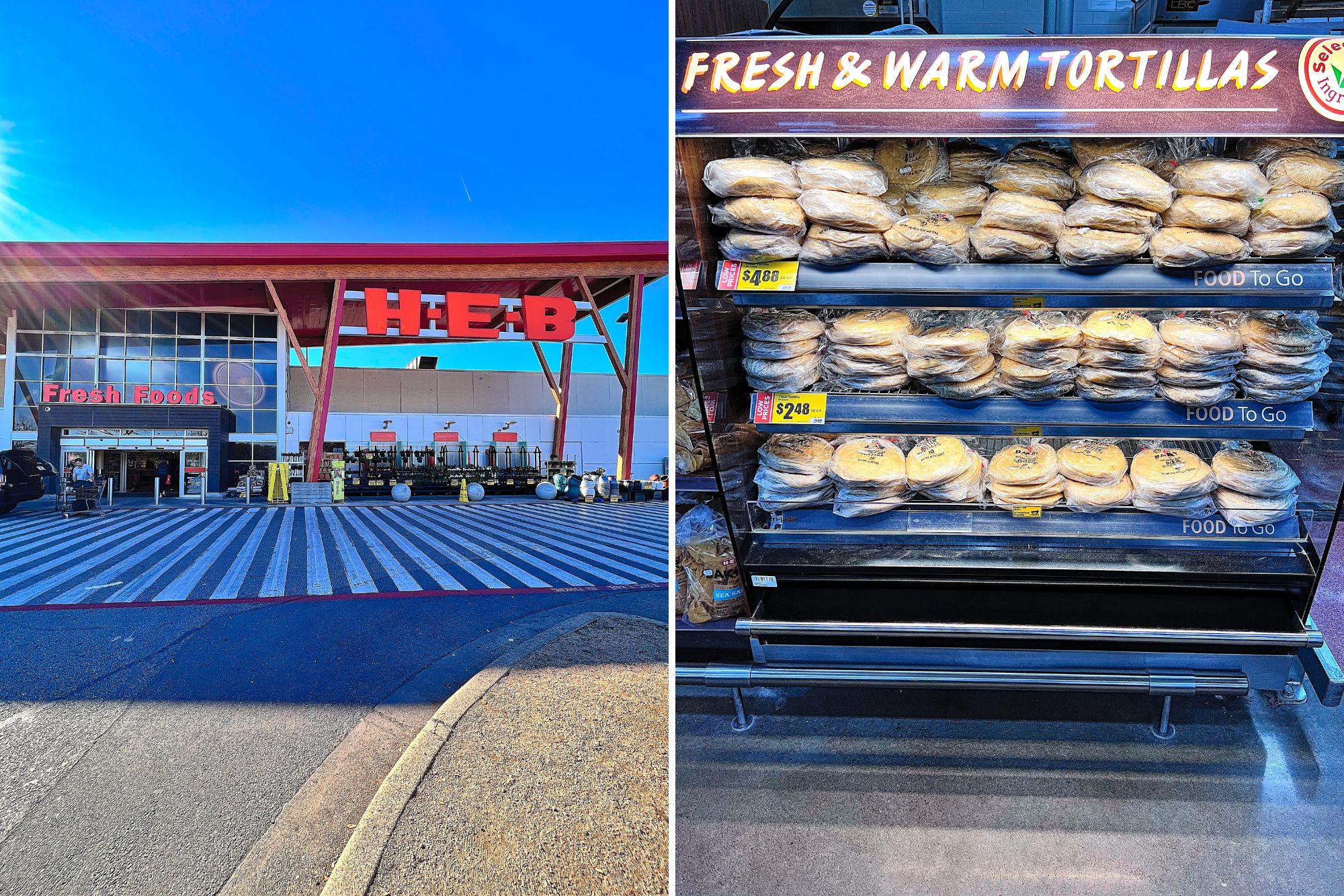 The front entrance to H-E-B, and a tortilla display