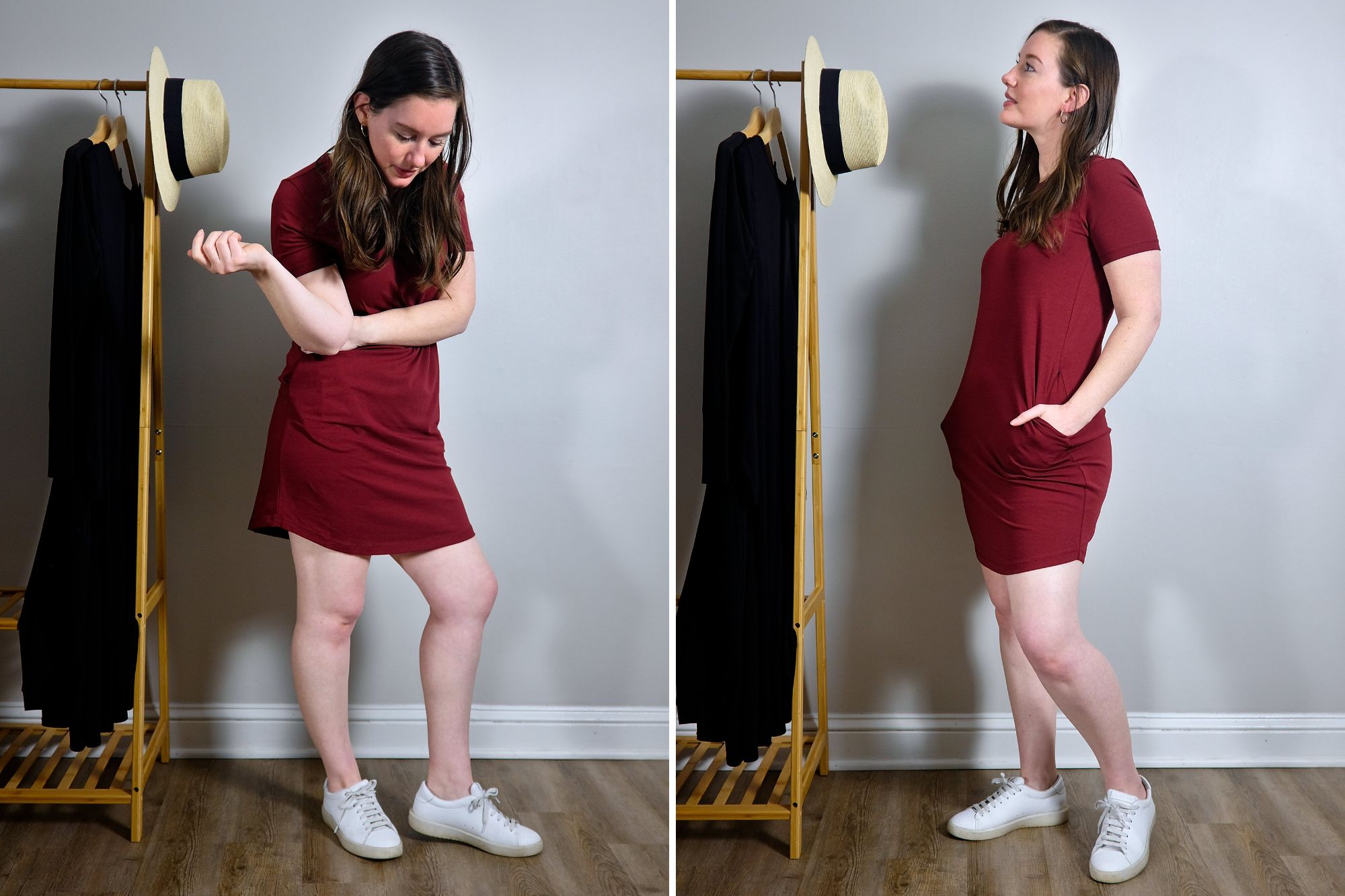 Alyssa wears the Halie T-Shirt Dress in two photos