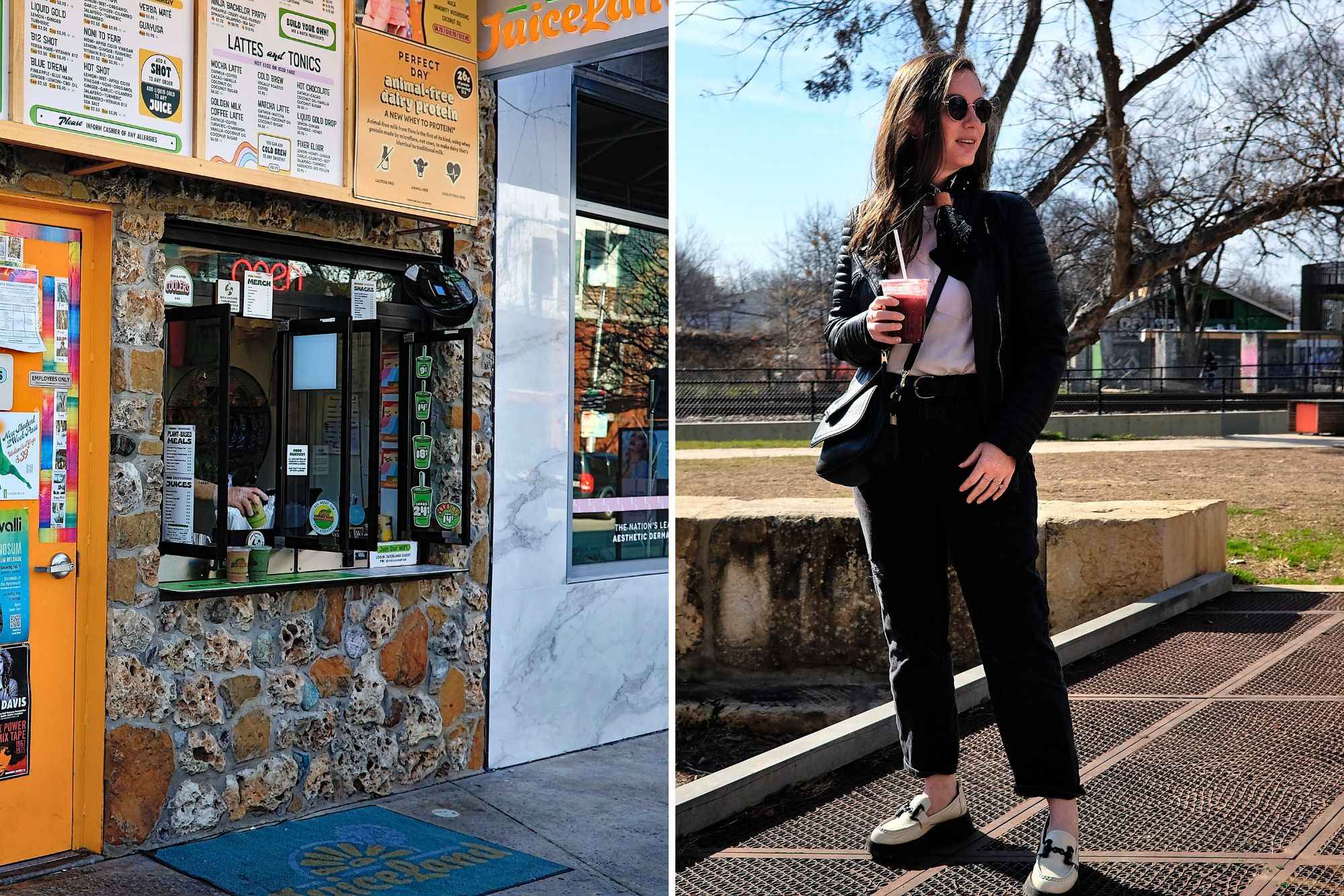 The ordering window at JuiceLand, and Alyssa holding a juice