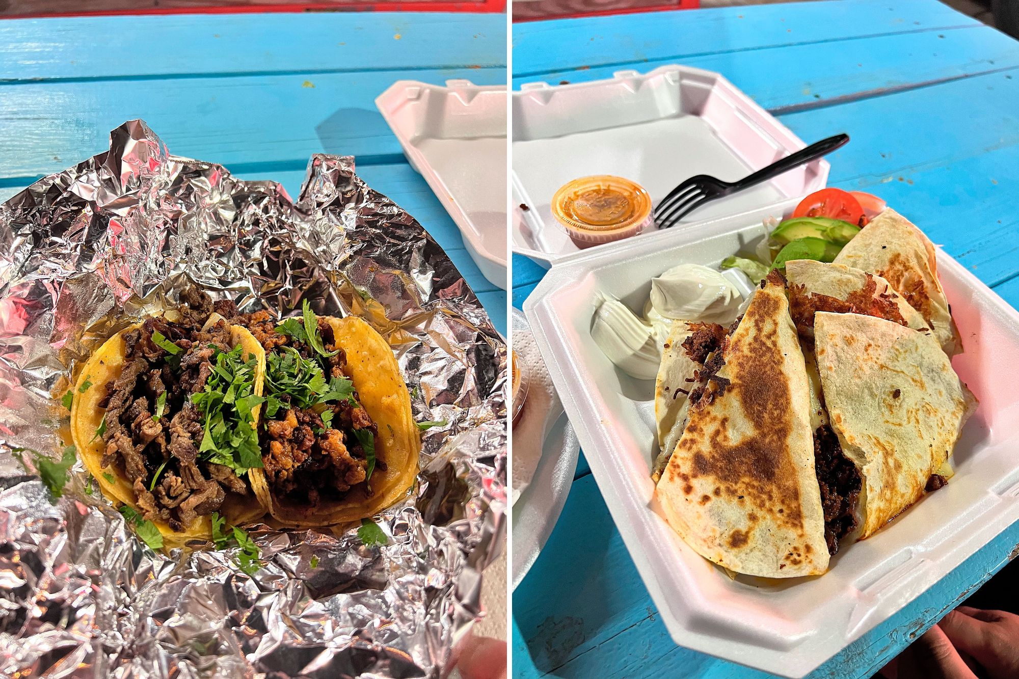 Tacos and a quesadilla from Las Trancas Taco Stand