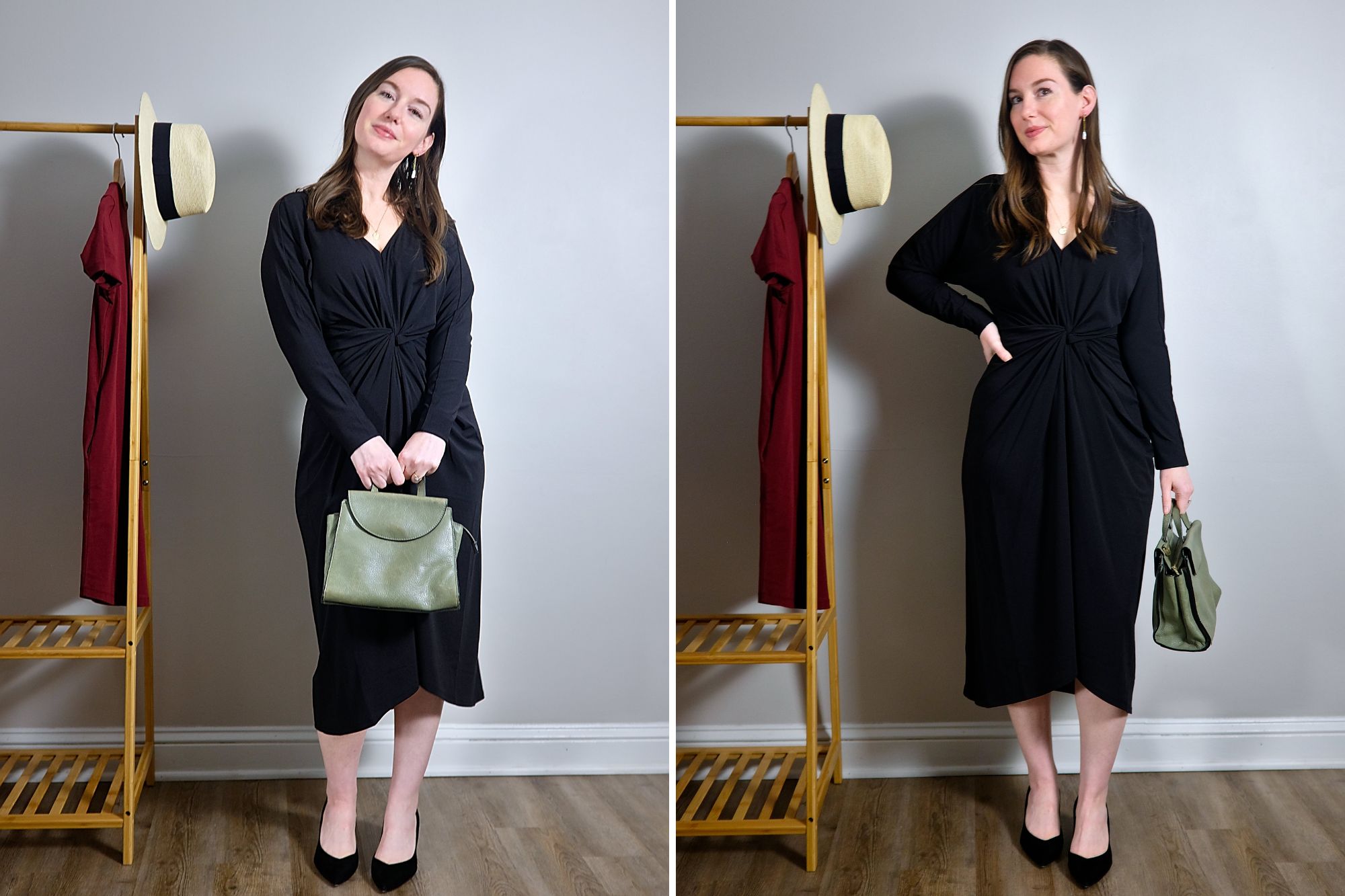 Alyssa wears the Plunge Neck Twist Dress from Universal Standard with heels and a green purse
