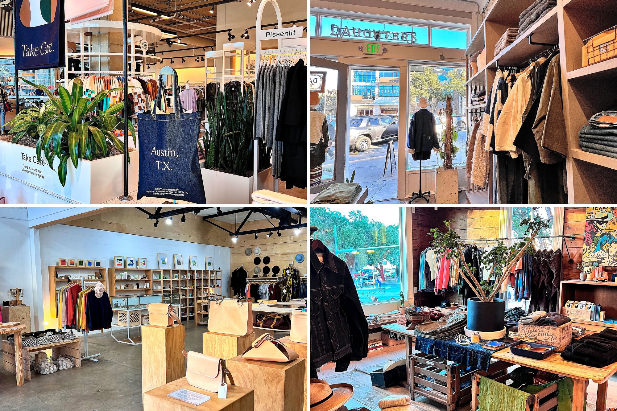 Collage of shops in South Austin: Neighborhood Goods | Daughters | imogene + willie | Noah Marion