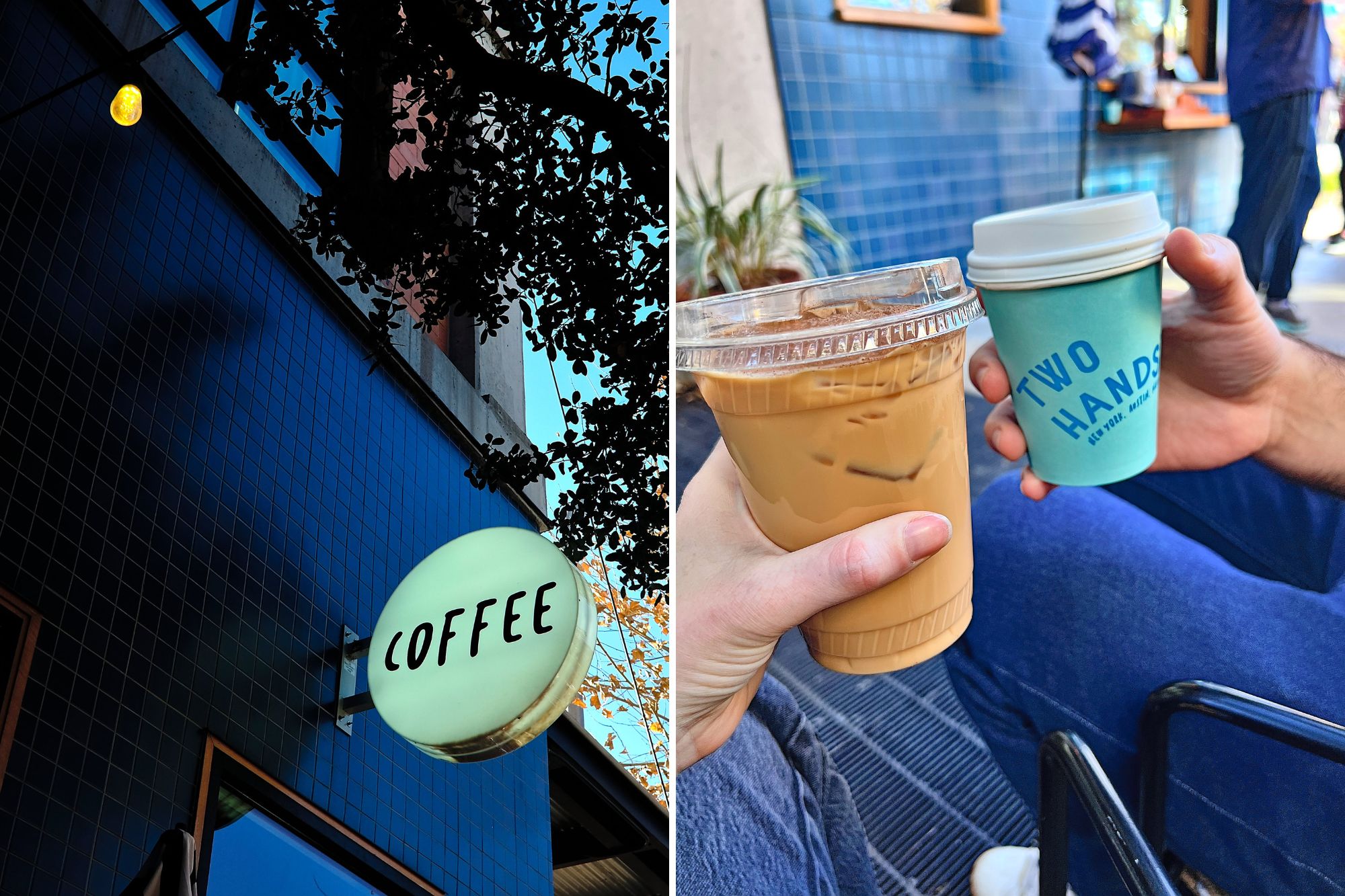 A sign that reads "COFFEE" and two hands holding coffee cups