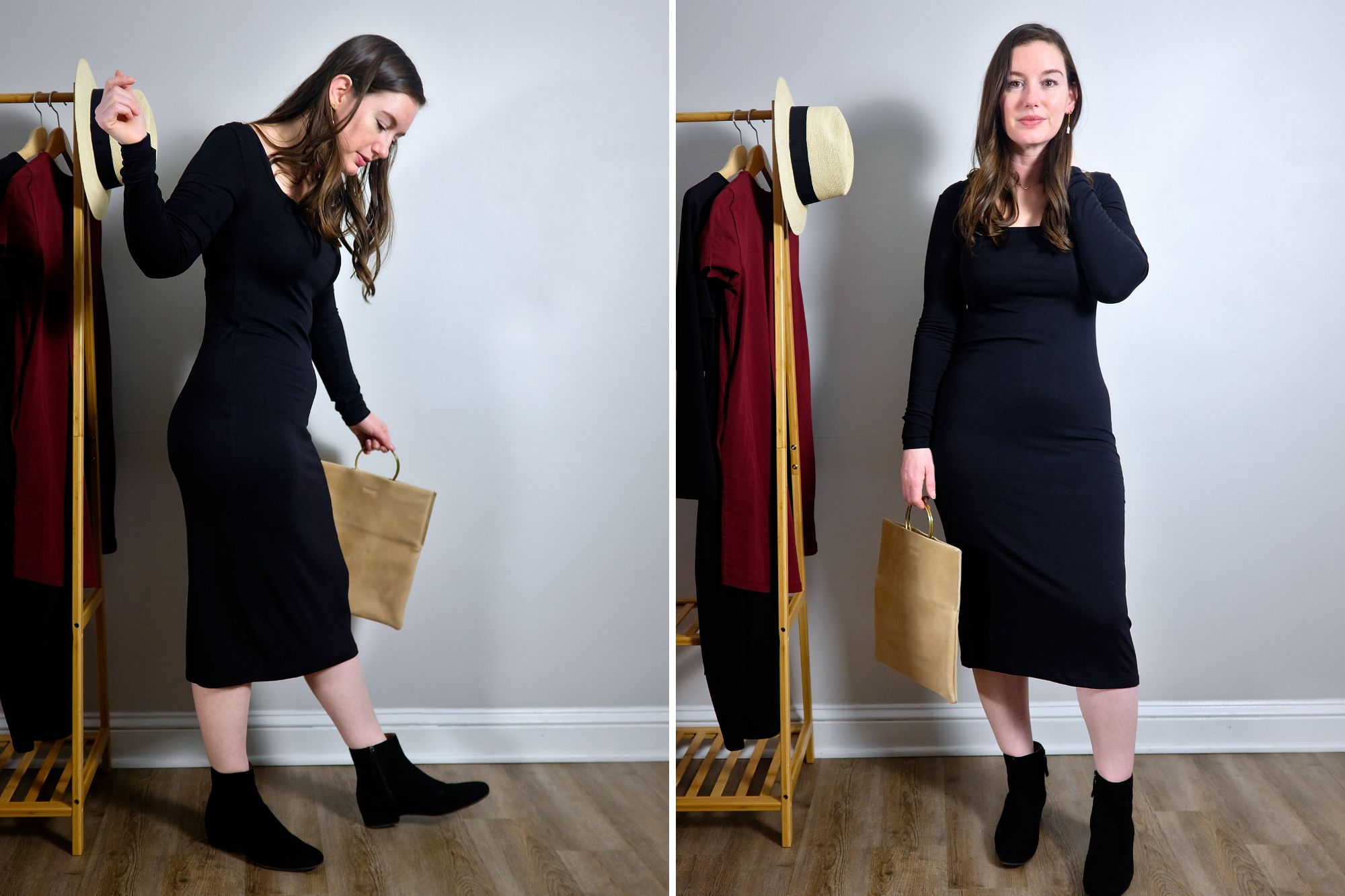 Alyssa wears the Foundation Long Sleeve Square Neck Dress with black boots and a tan purse in two photos, from the side and the front