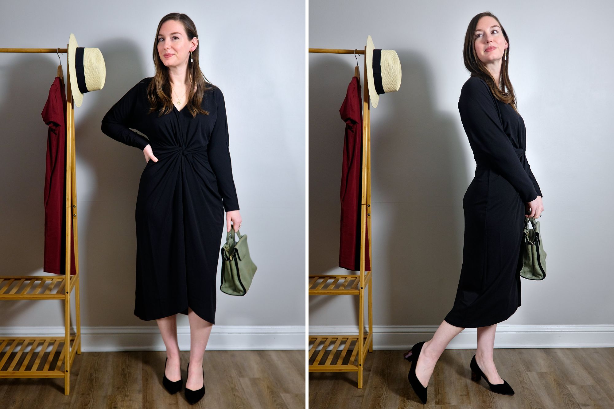 Alyssa wears the Plunge Neck Twist Dress in two photos with a green purse and black heels