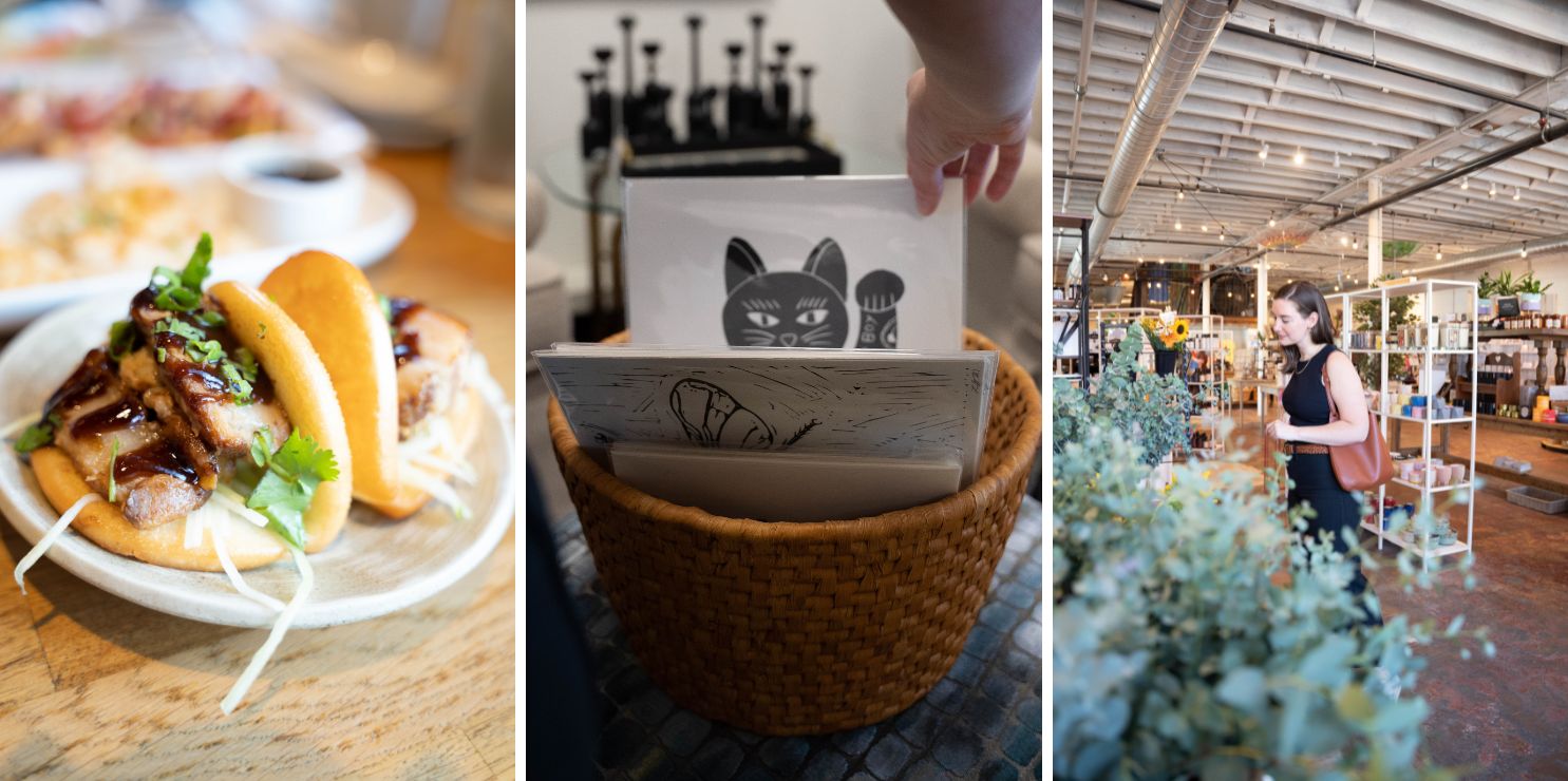 Three images from Visit York County, SC Partnership: bao buns, art prints, and shopping