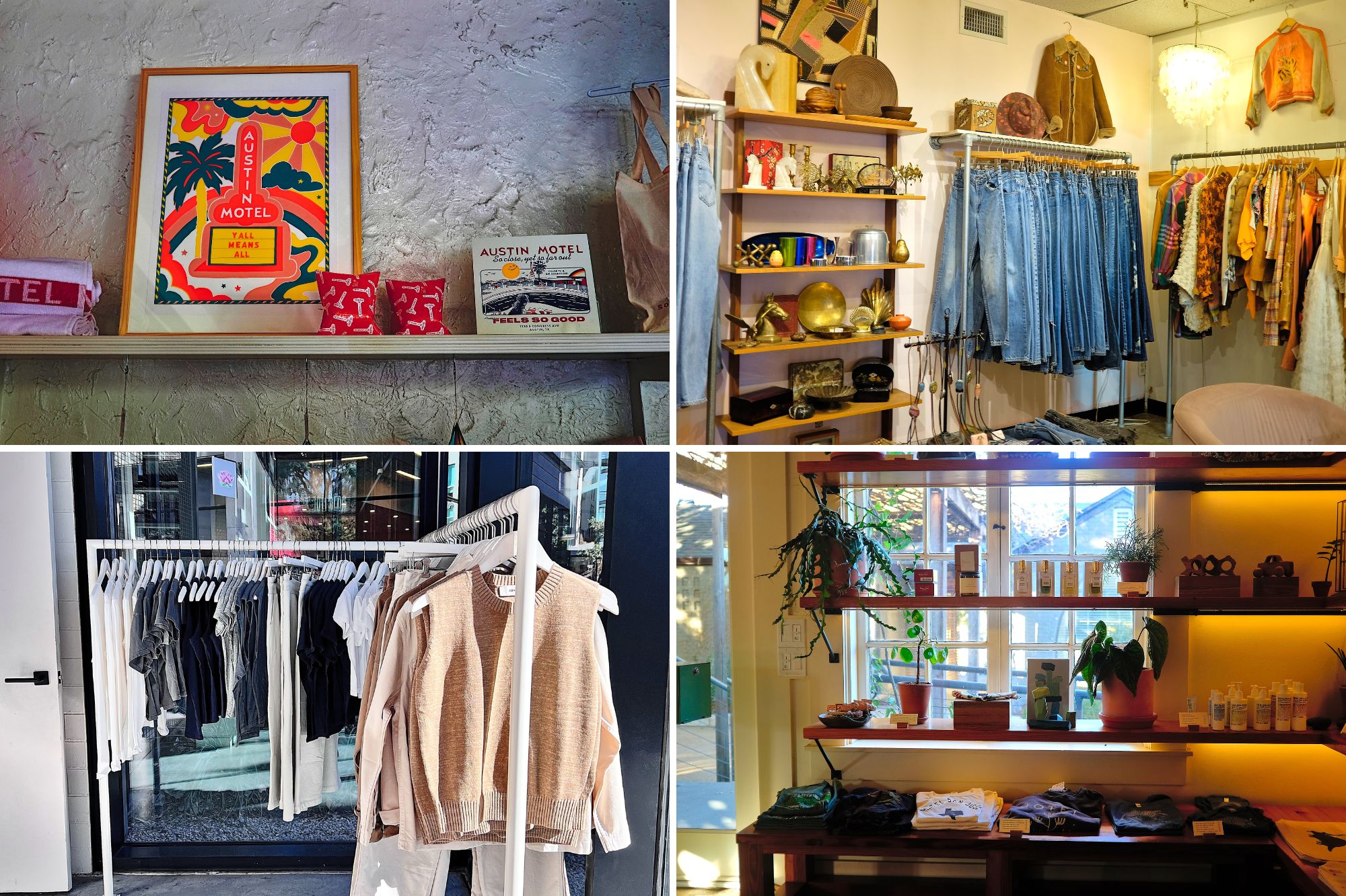 Collage of shops in South Austin: Austin Motel | Feather's Boutique Vintage | Hotel San José | Buck Mason