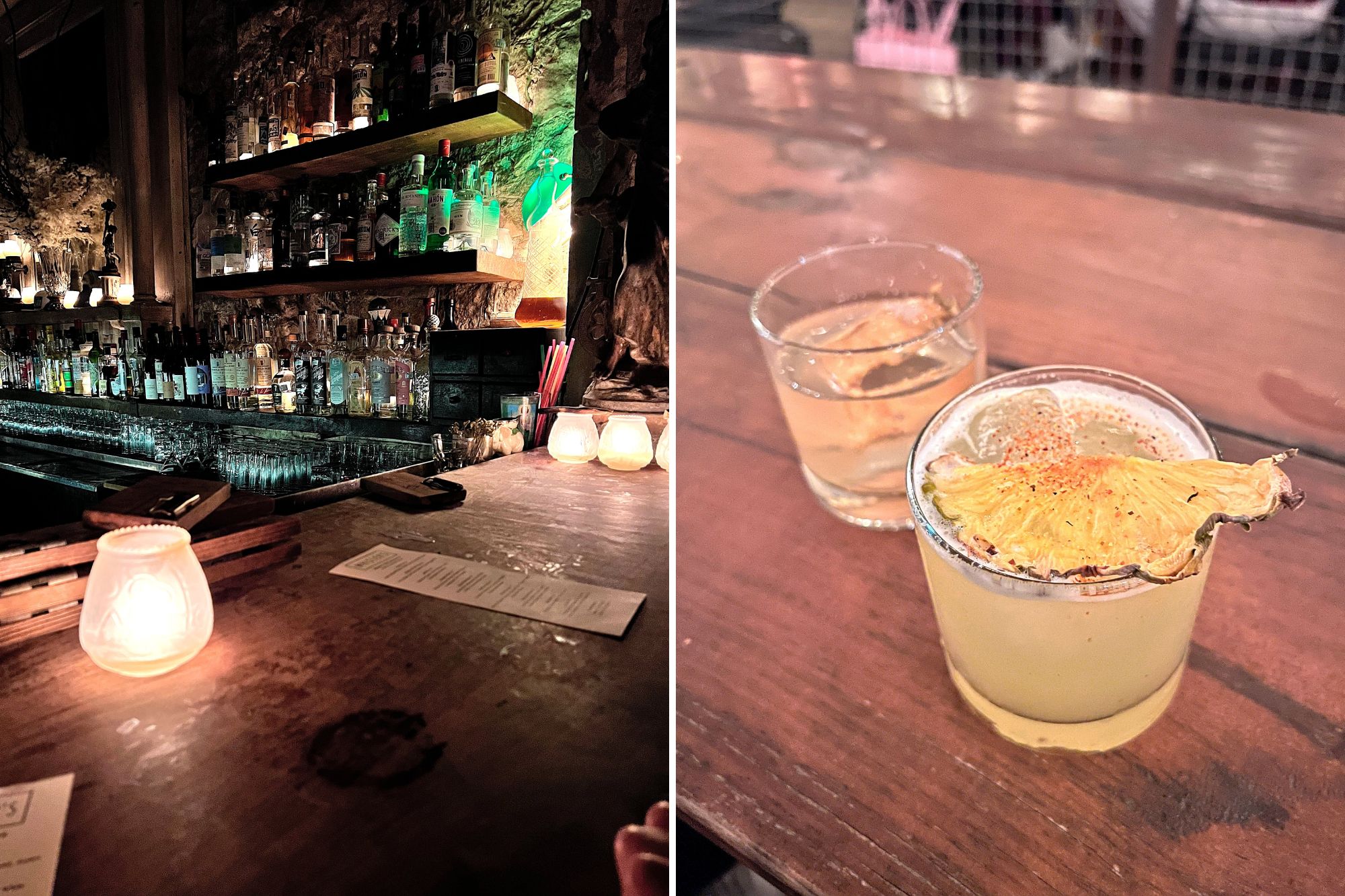 Interior of the bar and two drinks at Whisler's in Austin