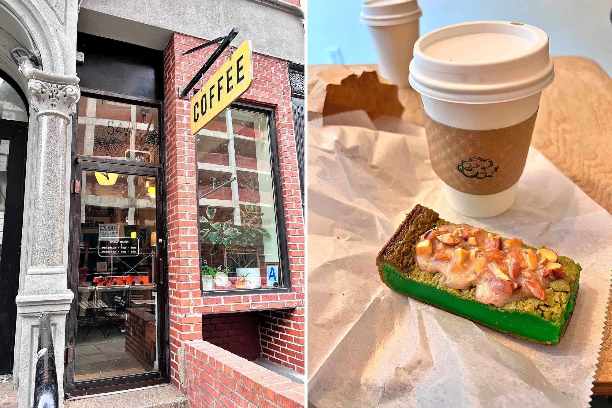 Exterior of Dreamers Coffee House and a coffee cup with a pastry