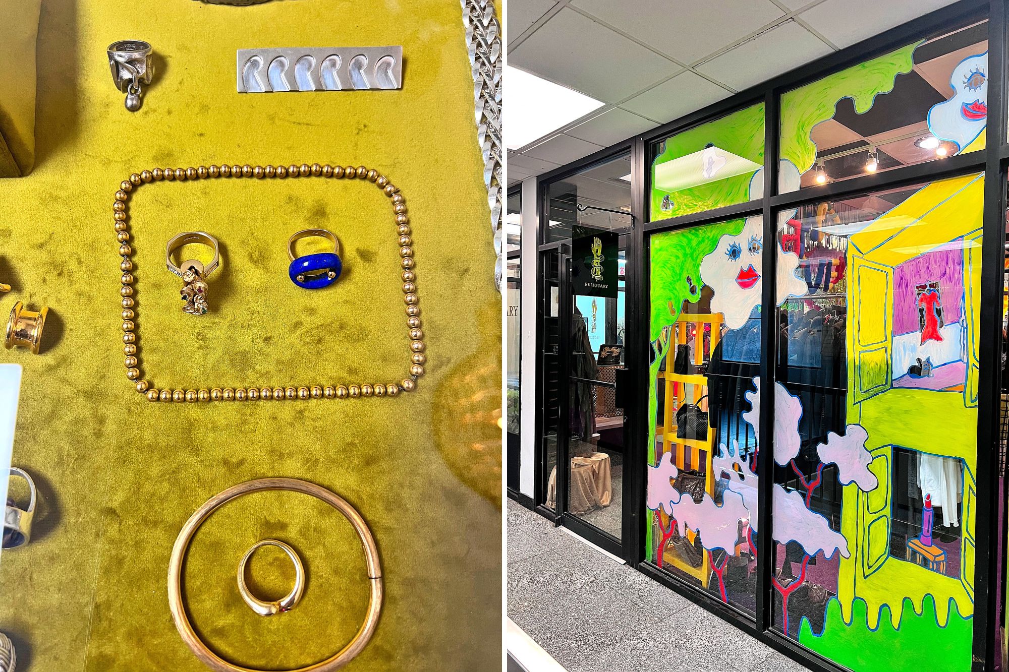 two images inside East Broadway Mall: one at James Veloria and one at OLD JEWELRY