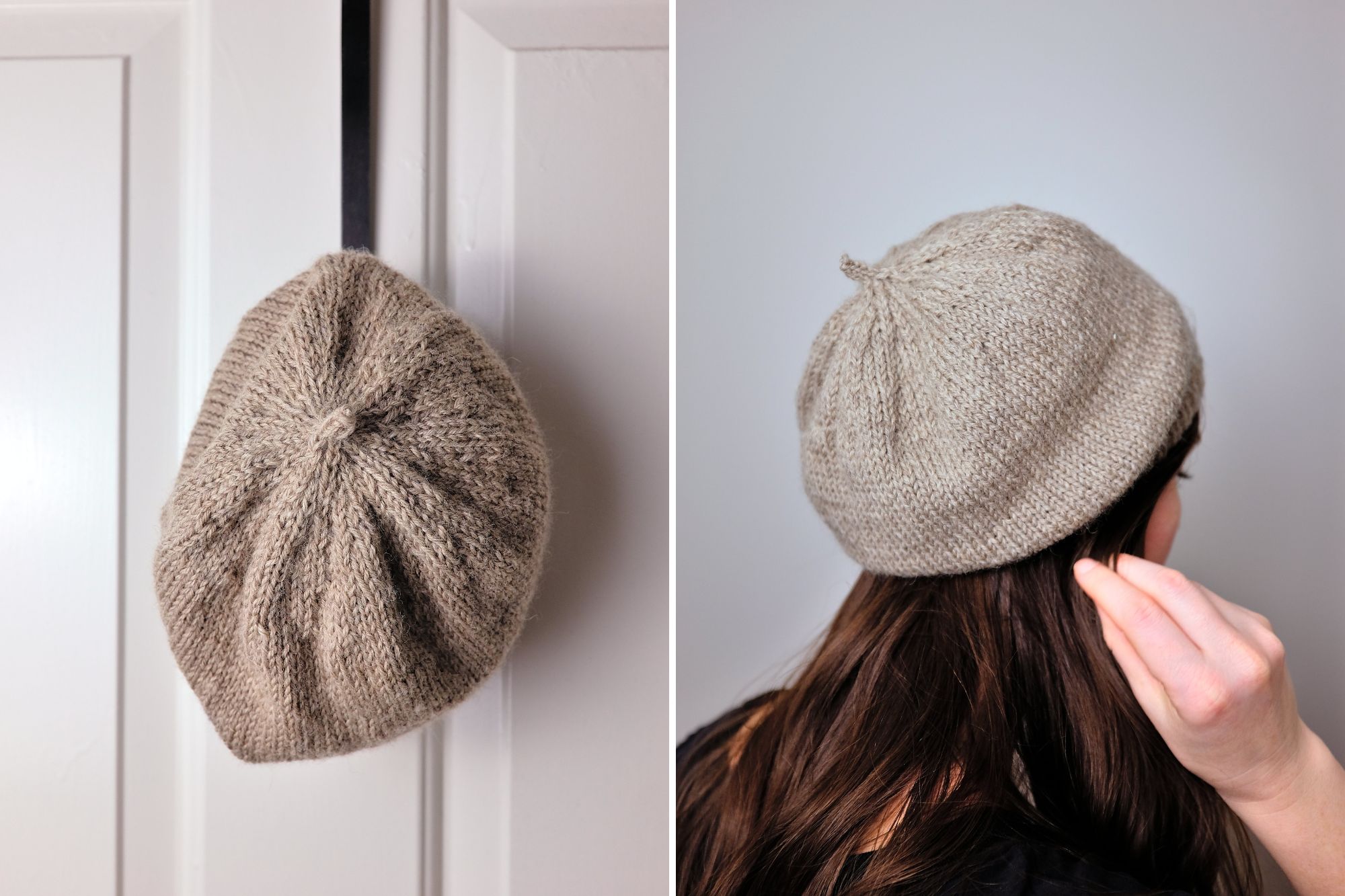 Two images: a beret hanging on a door hook, and Alyssa wearing the knit beret