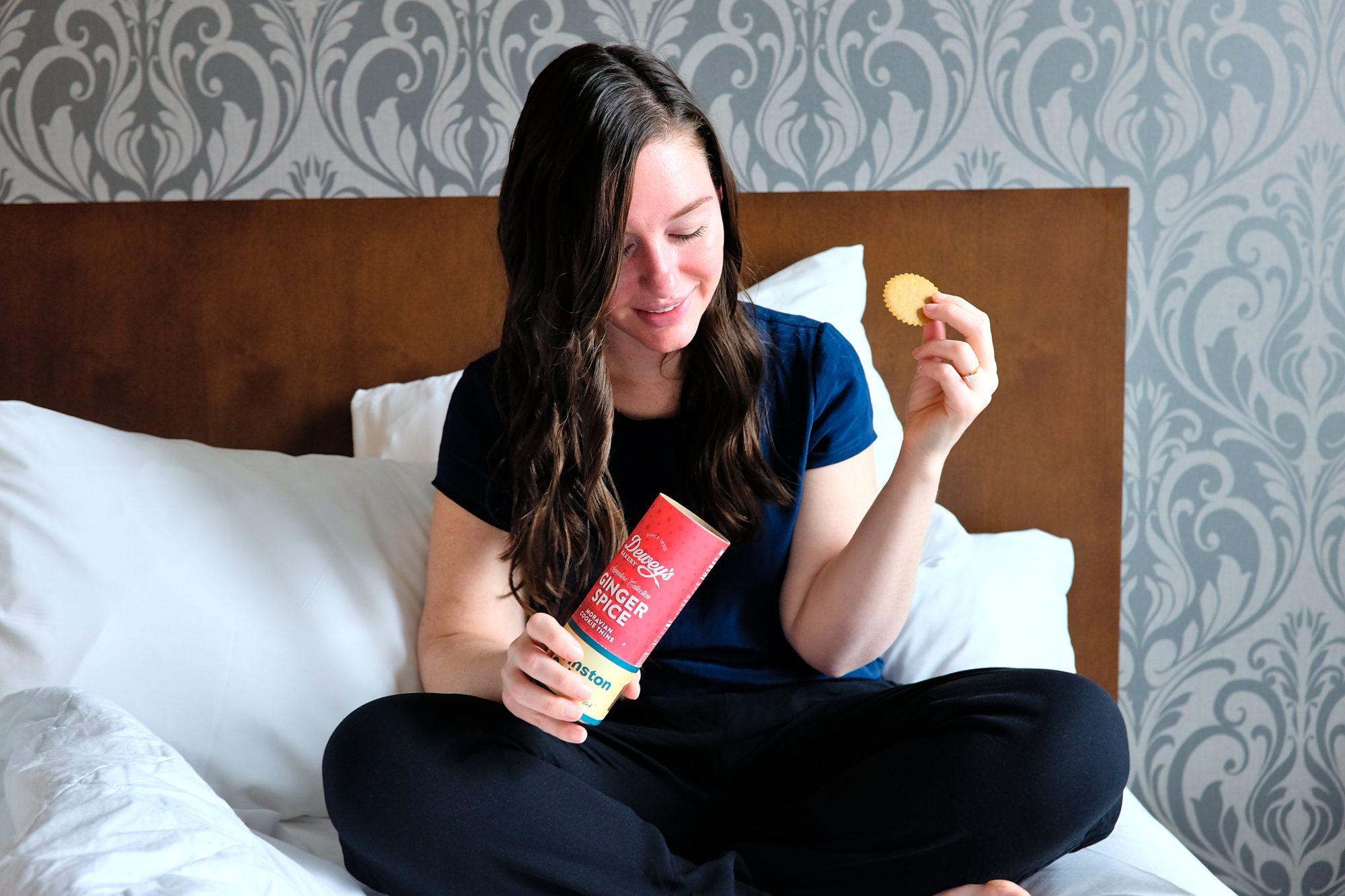 Alyssa eats Moravian cookies in bed