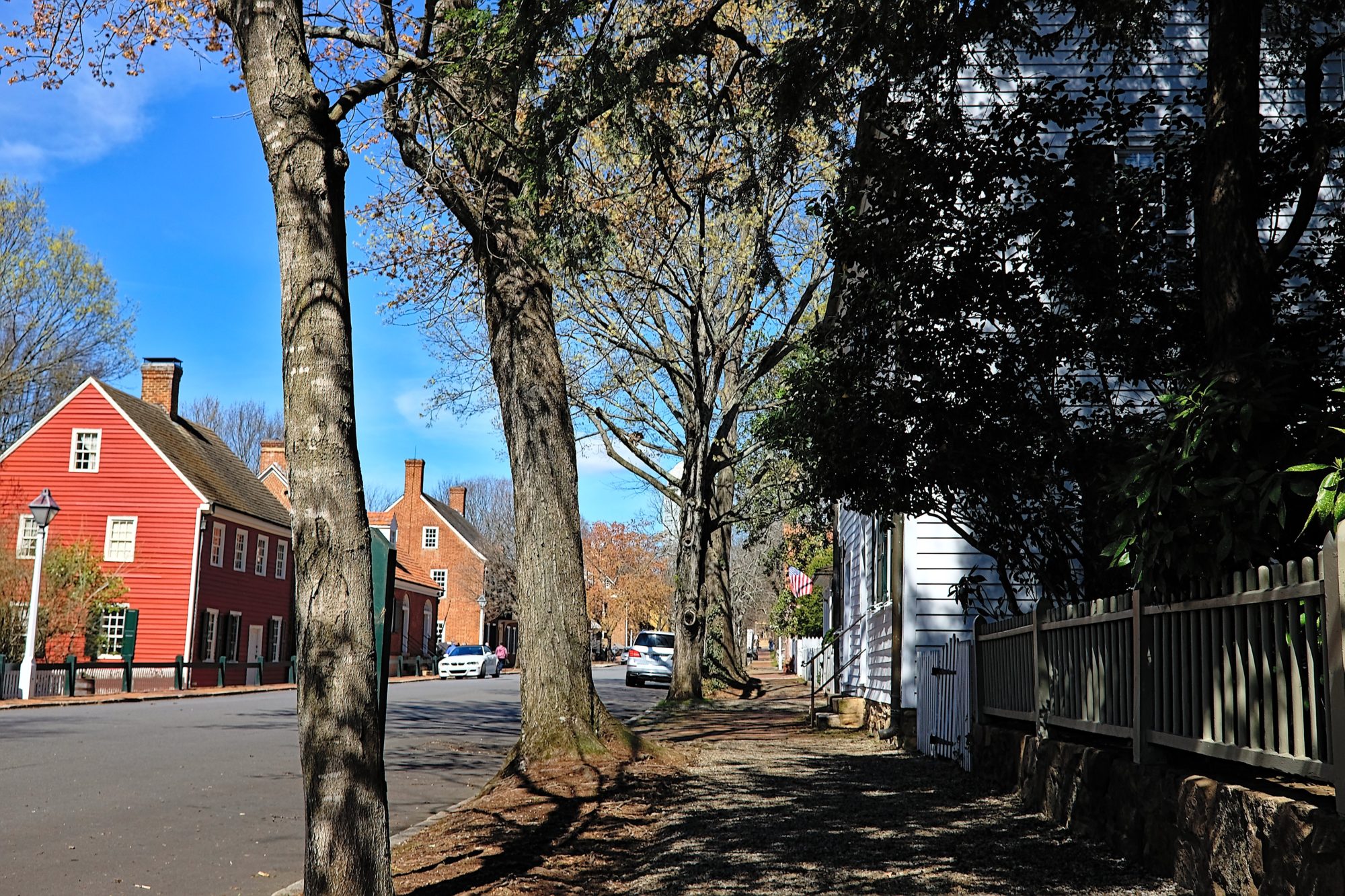 A view of Old Salem from a sidewalk